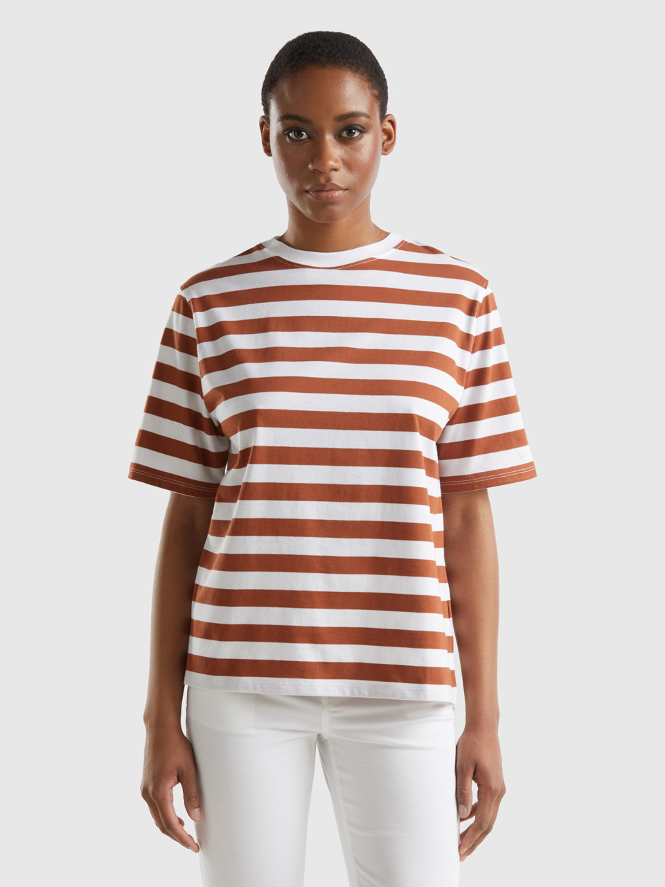 Benetton, Striped Comfort Fit T-shirt, Brown, Women