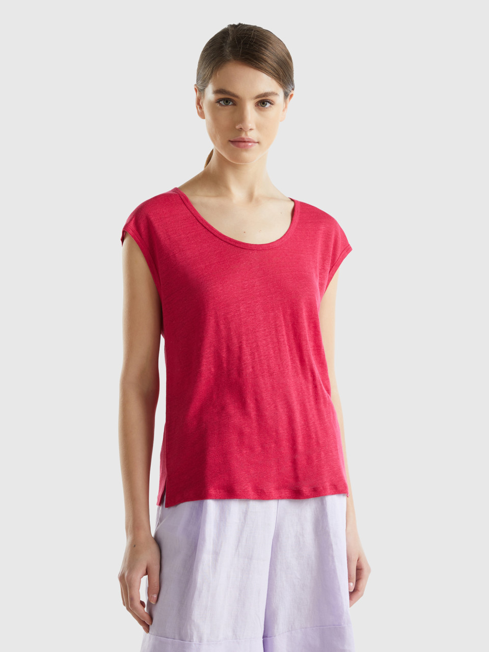 Benetton, Wide Neck T-shirt In Pure Linen, Cyclamen, Women