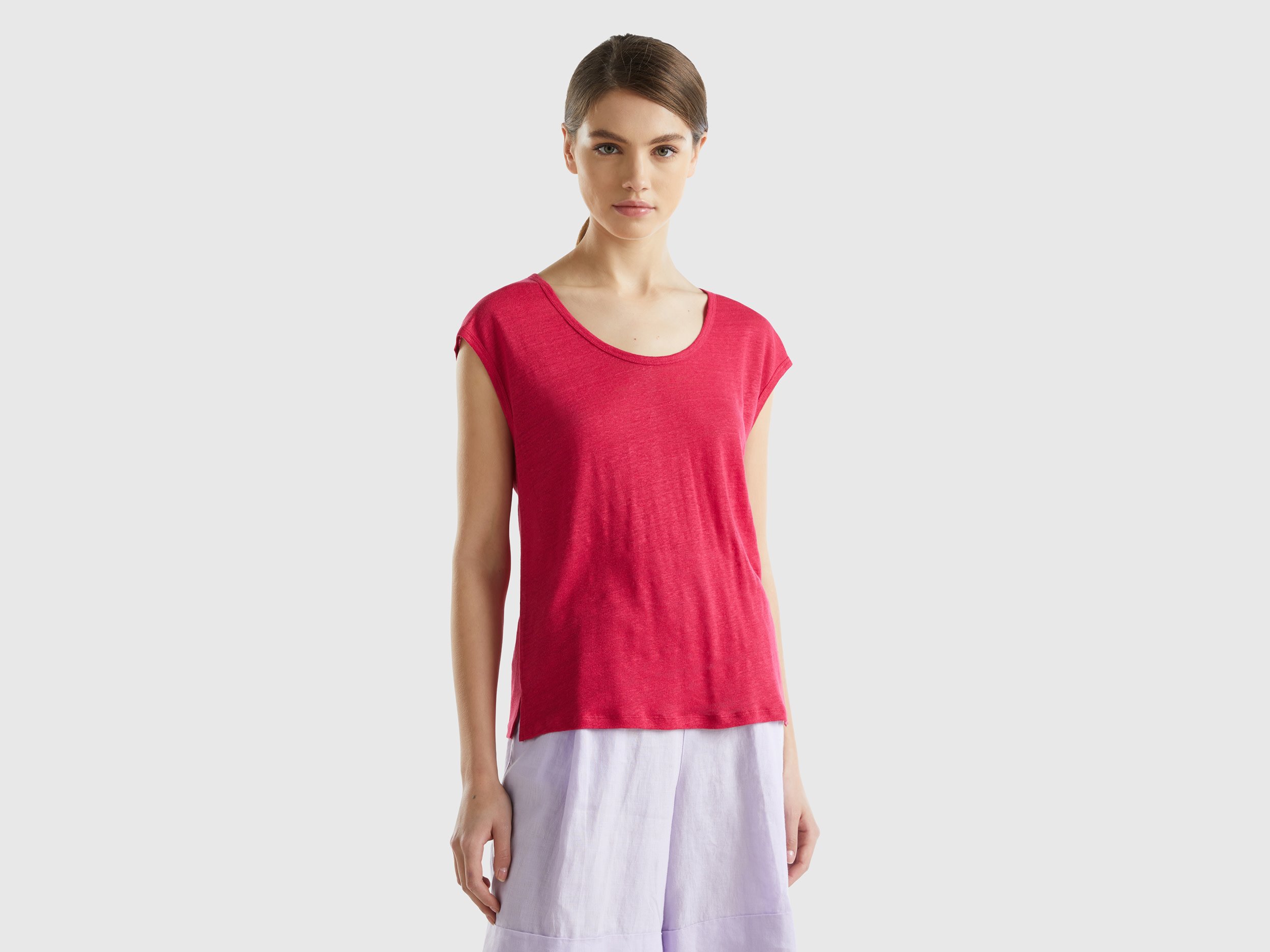 Benetton, Maglietta Scollo Ampio In Puro Lino, Ciclamino, Donna