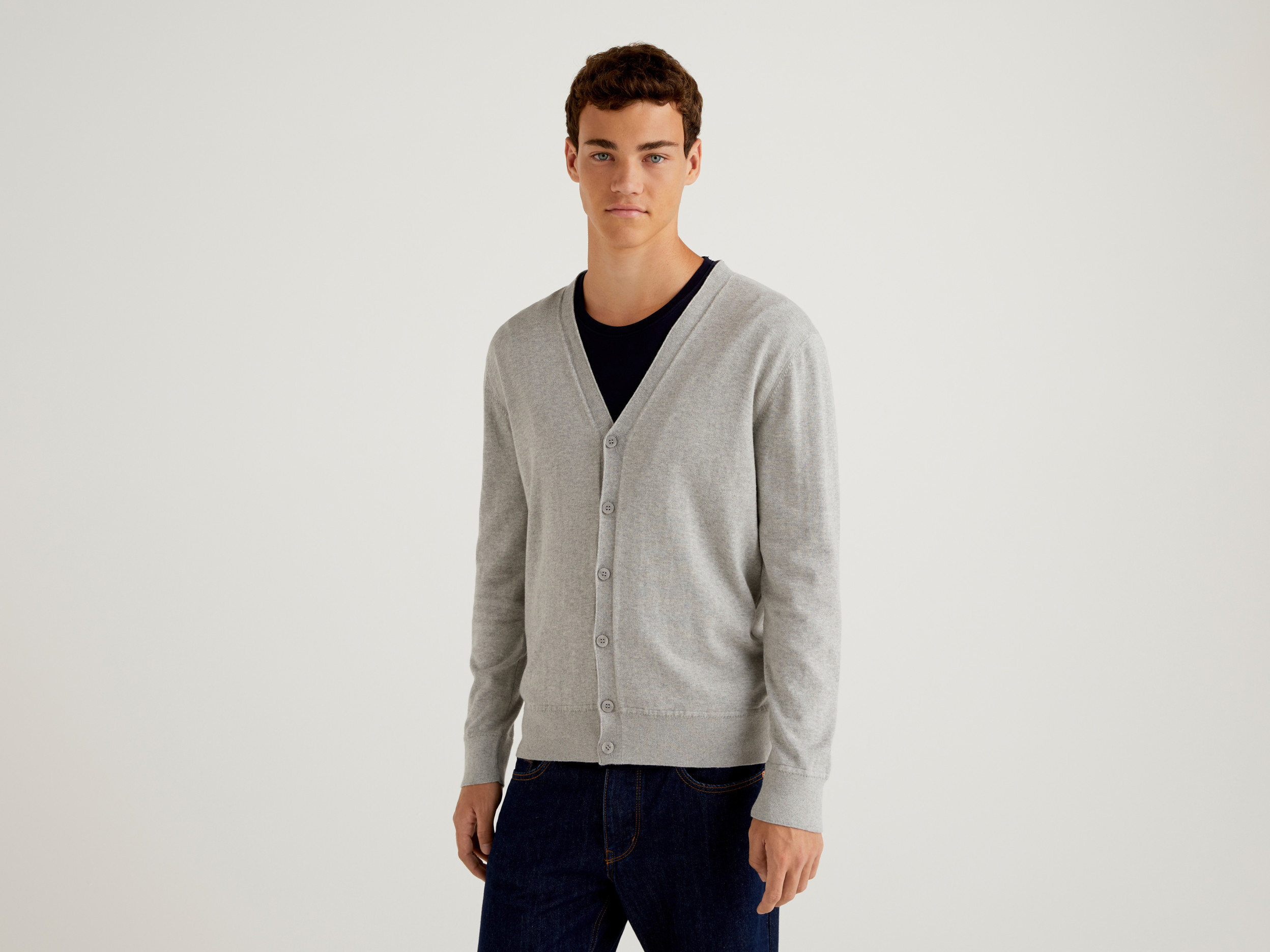 Benetton, Cardigan In Caldo Cotone, Grigio, Uomo Benetton, Cardigan In Caldo Cotone, Grigio, Uomo