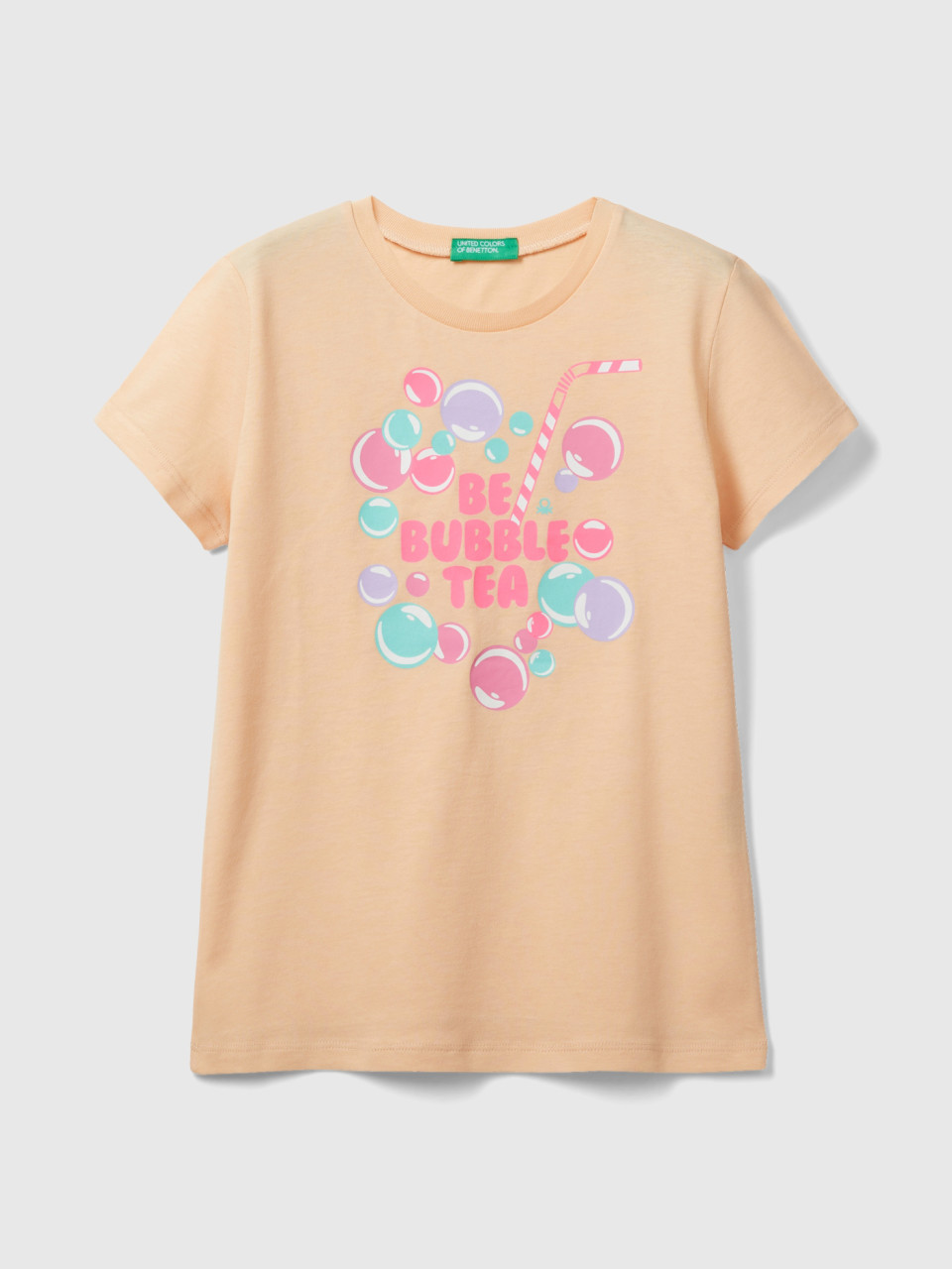 Benetton, T-shirt With Neon Details, Peach, Kids