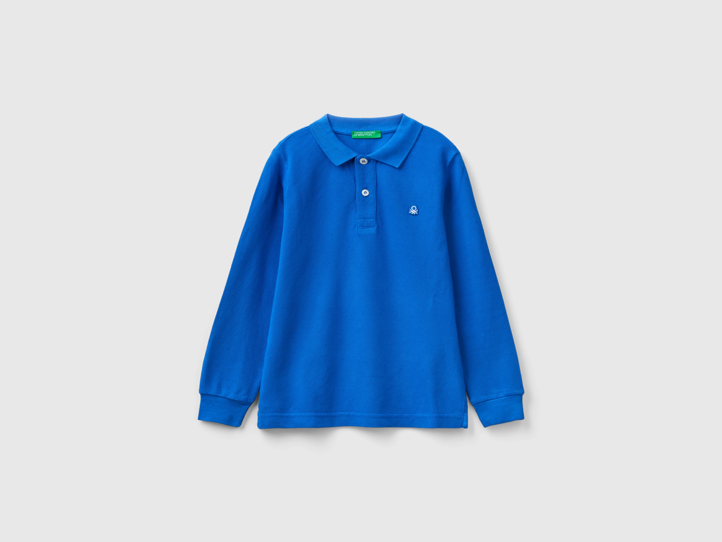 Benetton, 100% Organic Cotton Long Sleeve Polo, size 3XL, Bright Blue, Kids