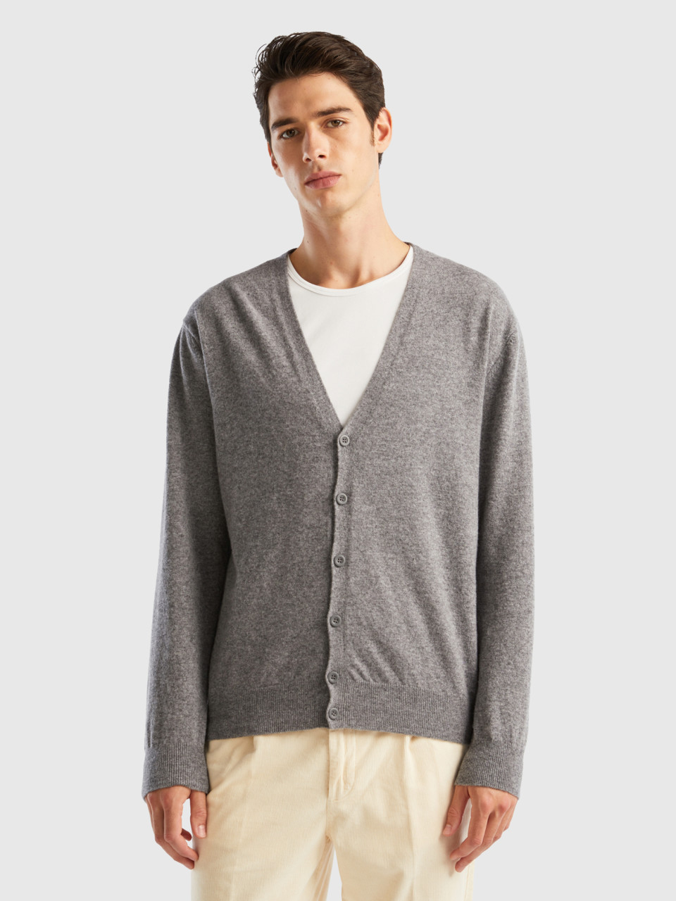 Benetton, Gray V-neck Cardigan In Pure Merino Wool, Gray, Men