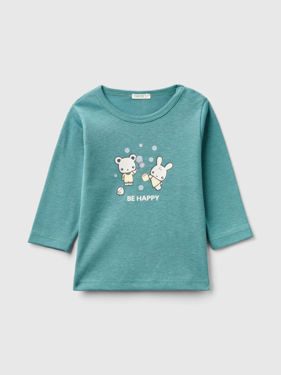 Benetton, T-shirt À Manches Longues En 100 % Coton Bio, Vert, Enfants