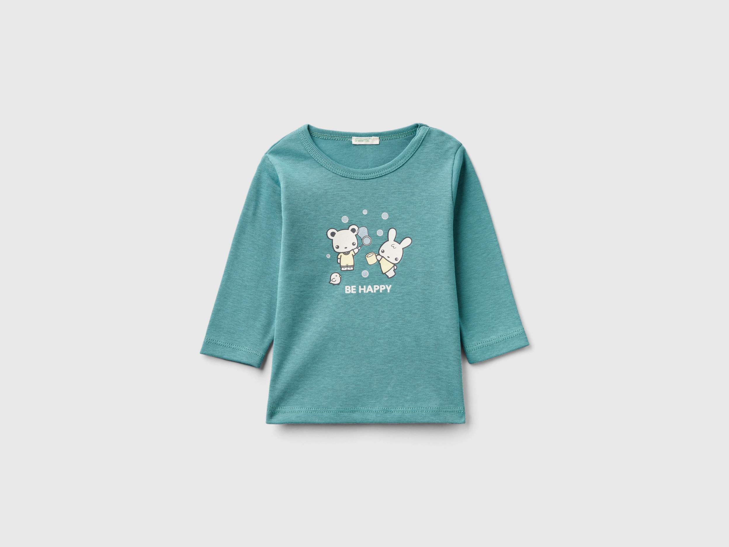 Image of Benetton, Long Sleeve 100% Organic Cotton T-shirt, size 74, Green, Kids