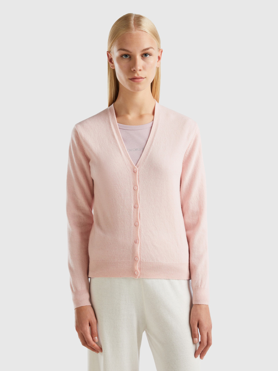 Benetton, Pastel Pink V-neck Cardigan In Pure Merino Wool, Pastel Pink, Women