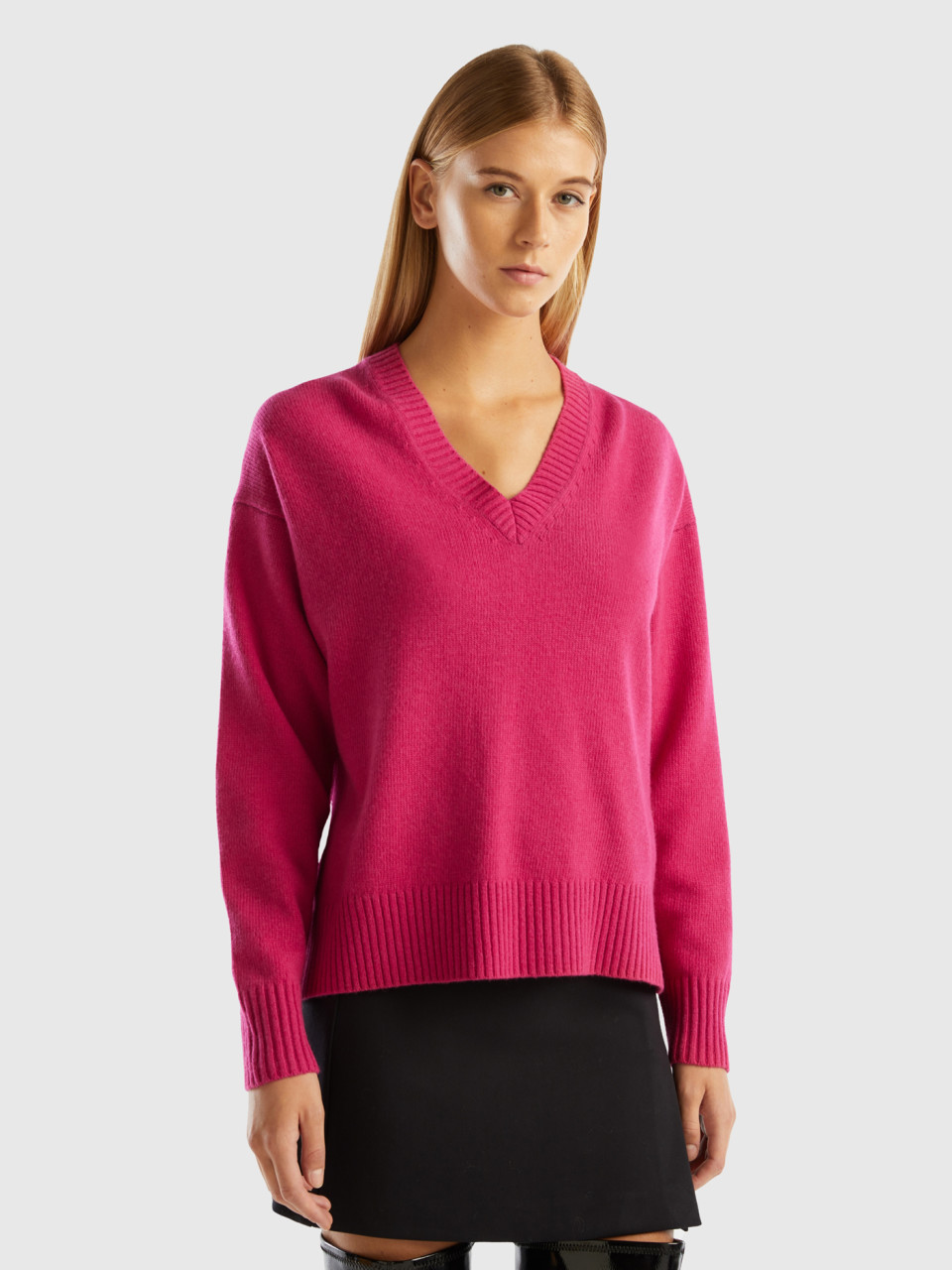 Benetton, Oversized Fit Sweater With Slits, Cyclamen, Women