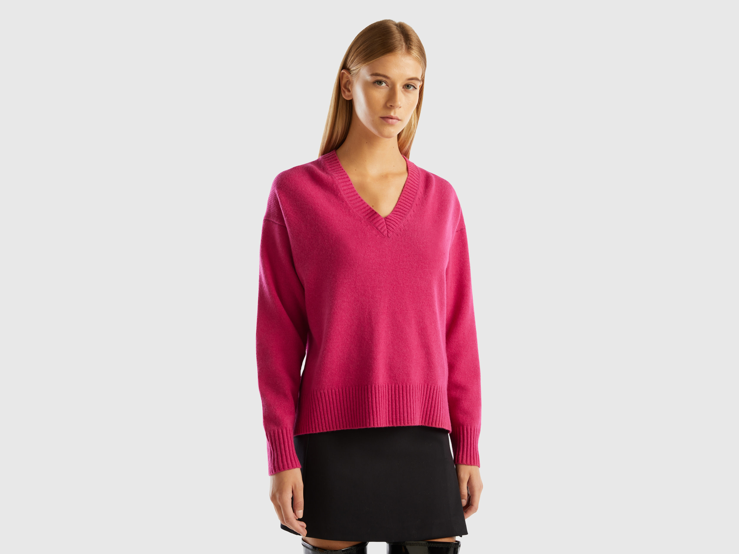 Benetton, Oversized Fit Sweater With Slits, size M, Cyclamen, Women