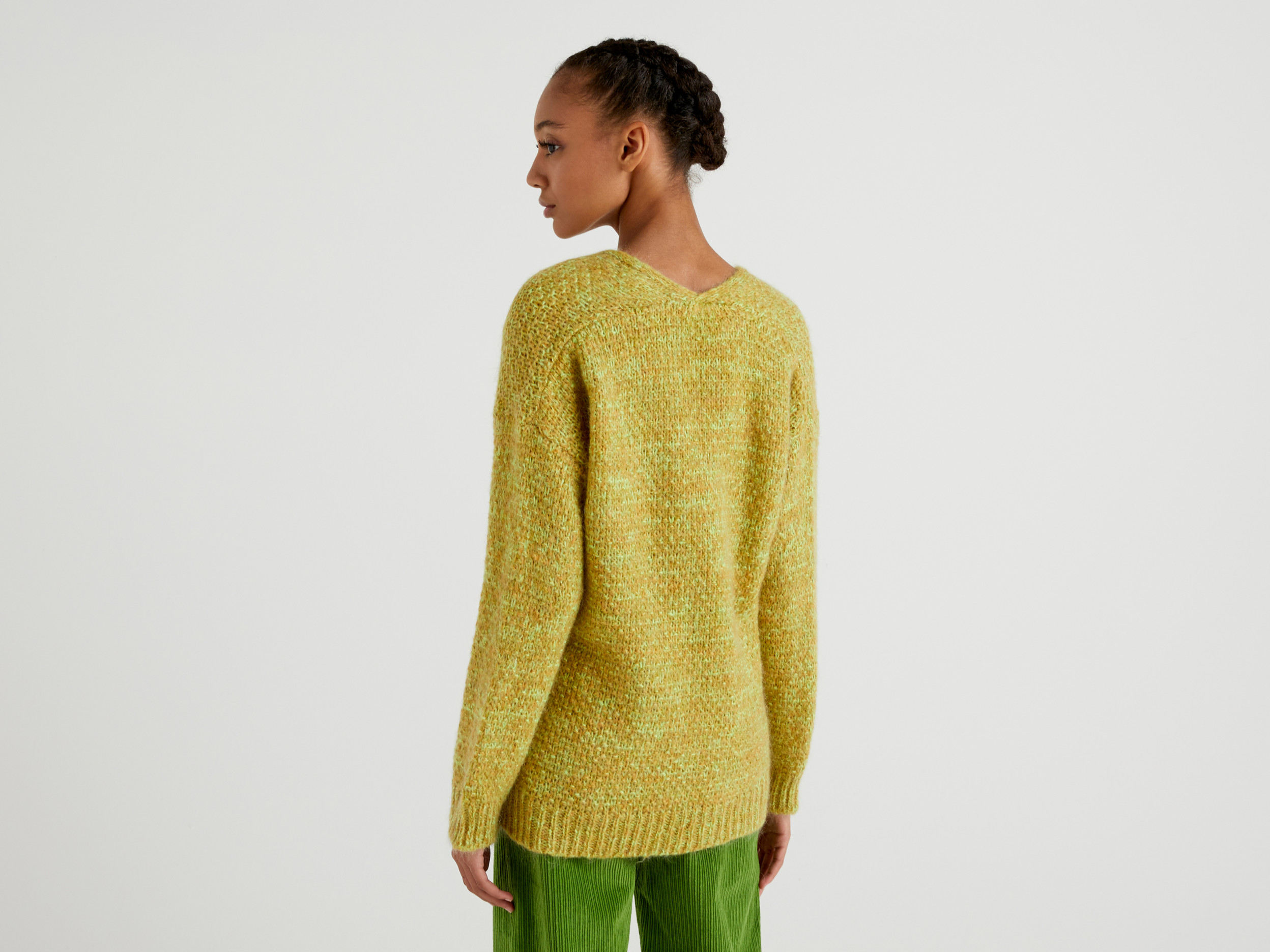 Benetton, V-Neck Sweater In Mohair Blend, Taglia L, Mustard, Women