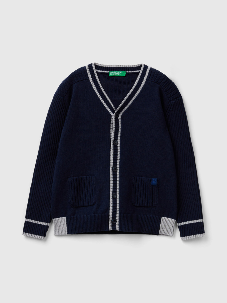 Benetton, Cardigan With Pockets In Tricot Cotton, Dark Blue, Kids