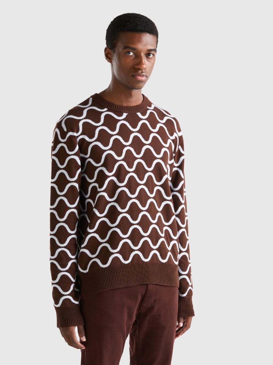 Benetton, Reversible Sweater With Wavy Motif, Dark Brown, Men