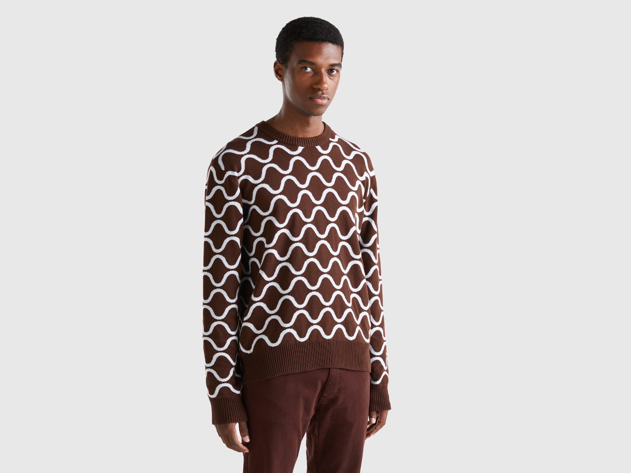 Benetton, Reversible Sweater With Wavy Motif, size XXL, Dark Brown, Men