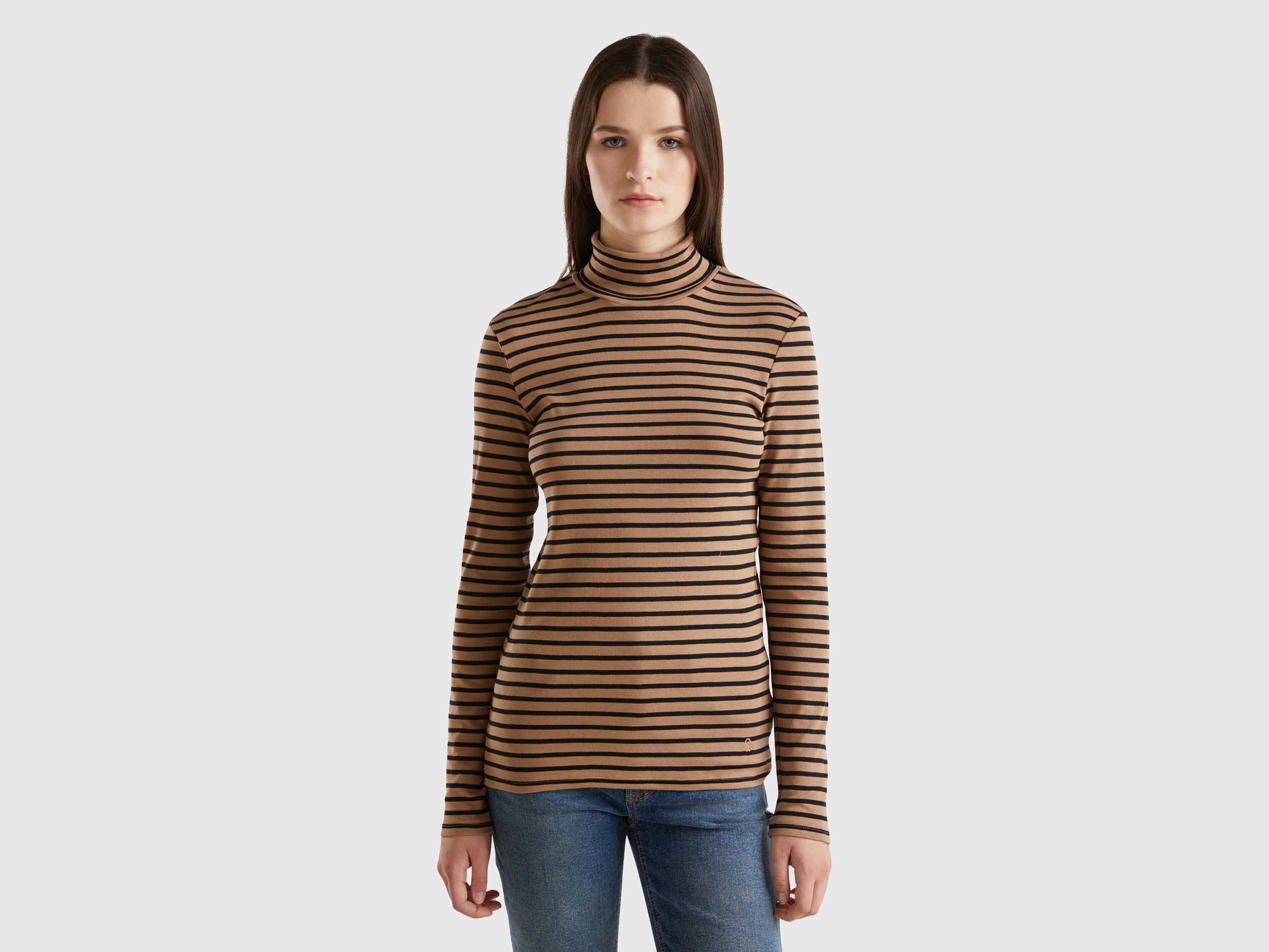 Benetton, T-shirt Lupetto A Righe, Cammello, Donna