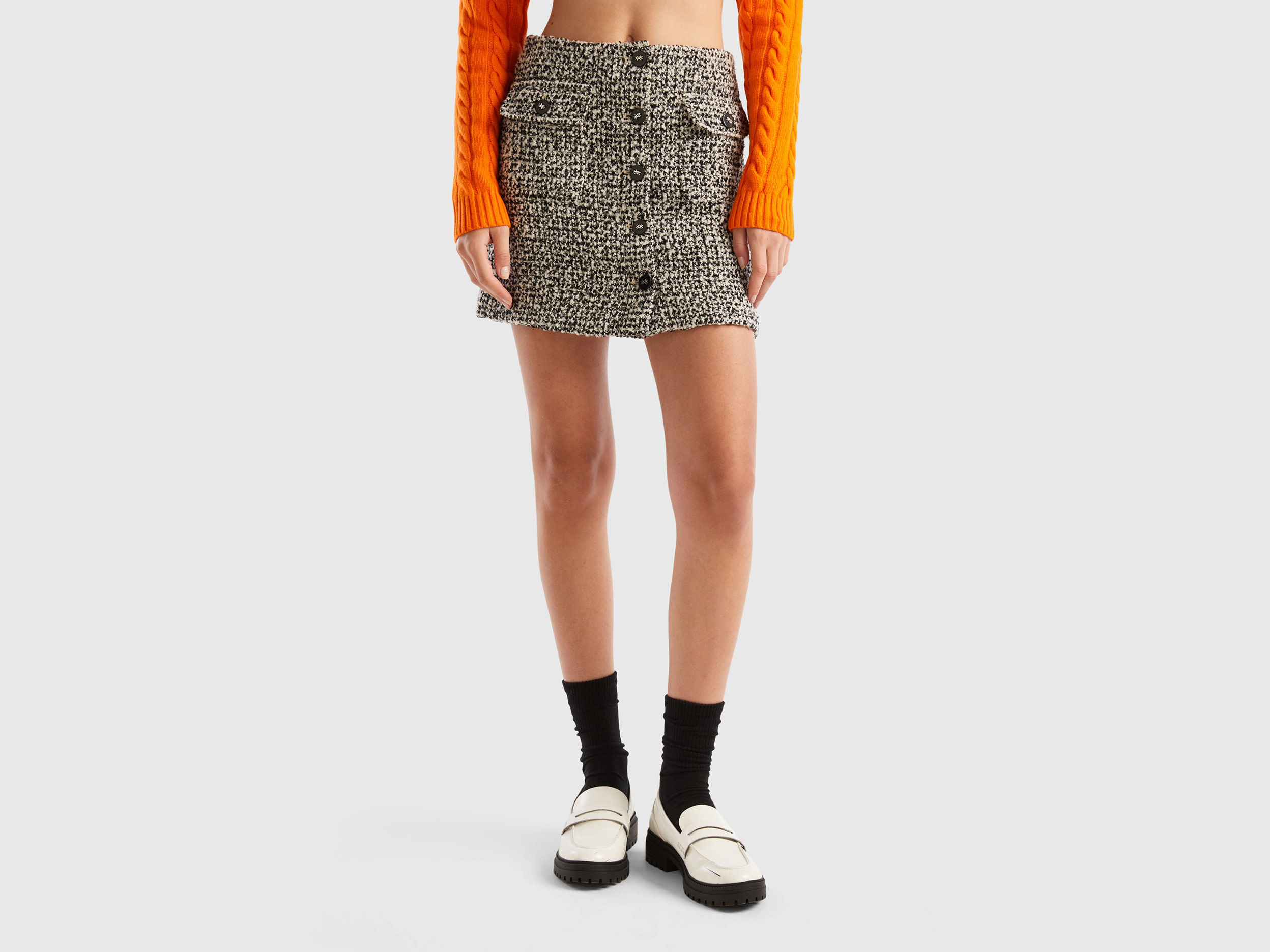 Benetton, Mini Skirt In Tweed, size 16, Gray, Women
