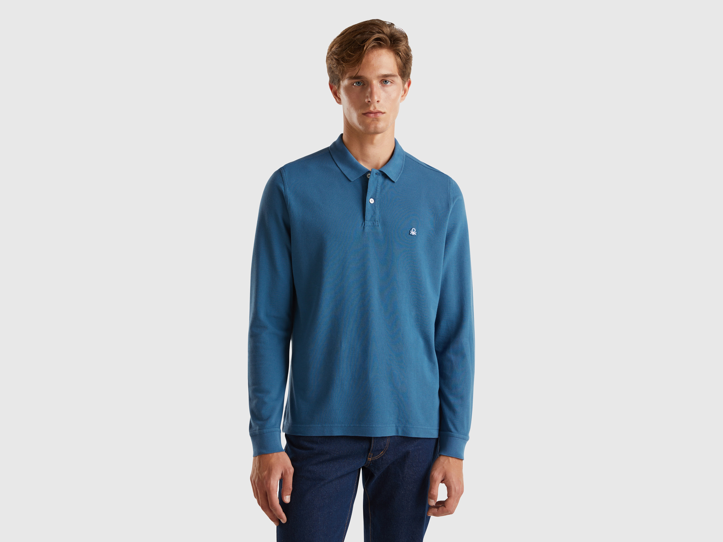 Benetton, Polo A Manica Lunga 100% Cotone, Avio, Uomo