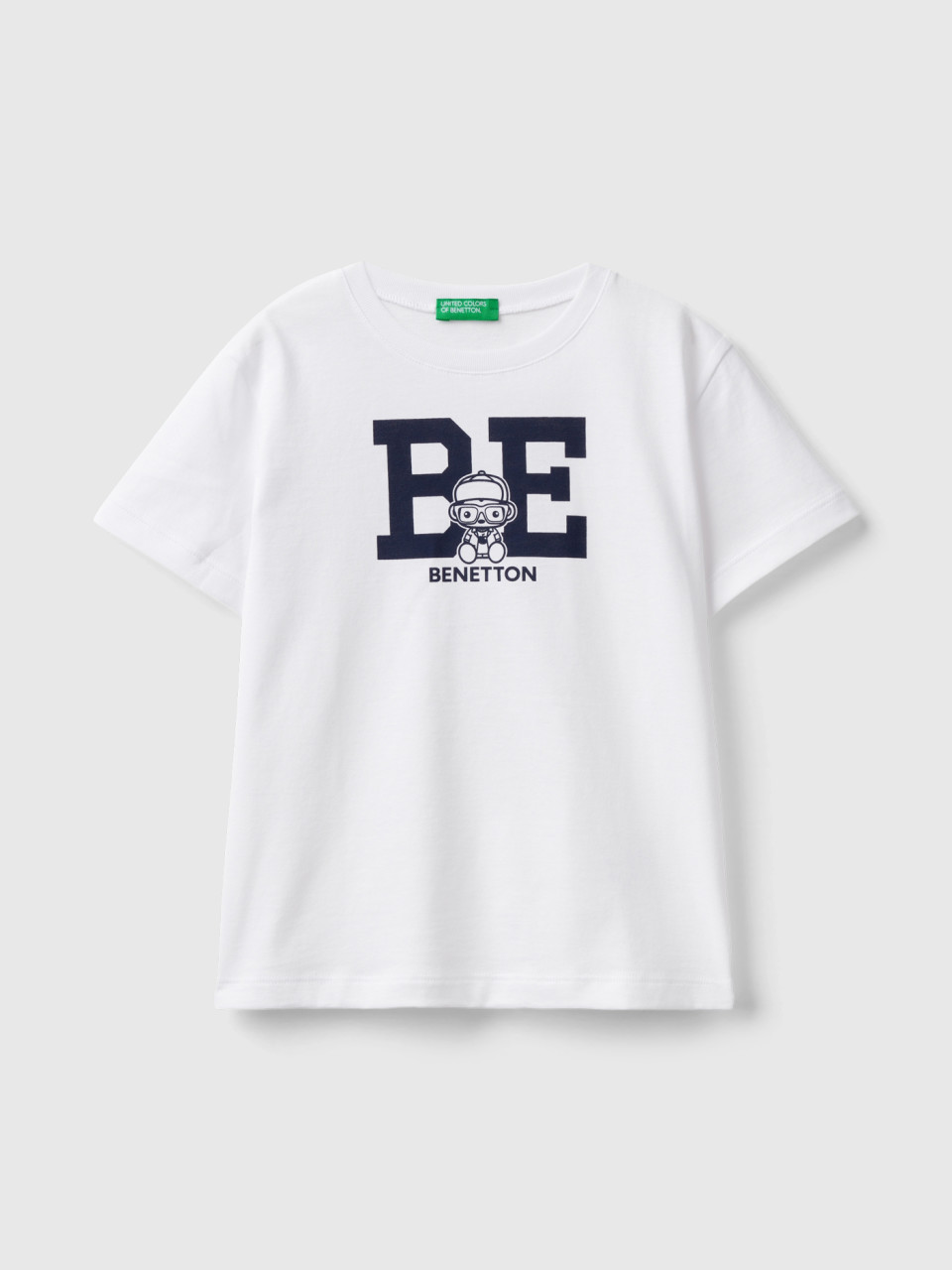 Benetton, T-shirt 100% Cotone Con Logo, Bianco, Bambini