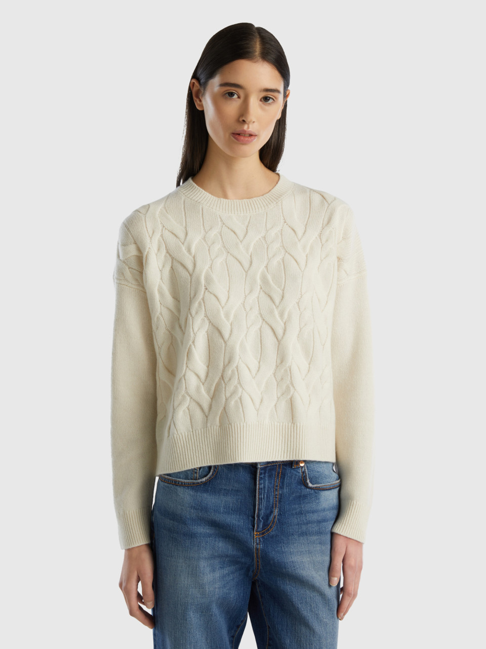 Benetton, Knit Sweater In Pure Cashmere, Creamy White, Women