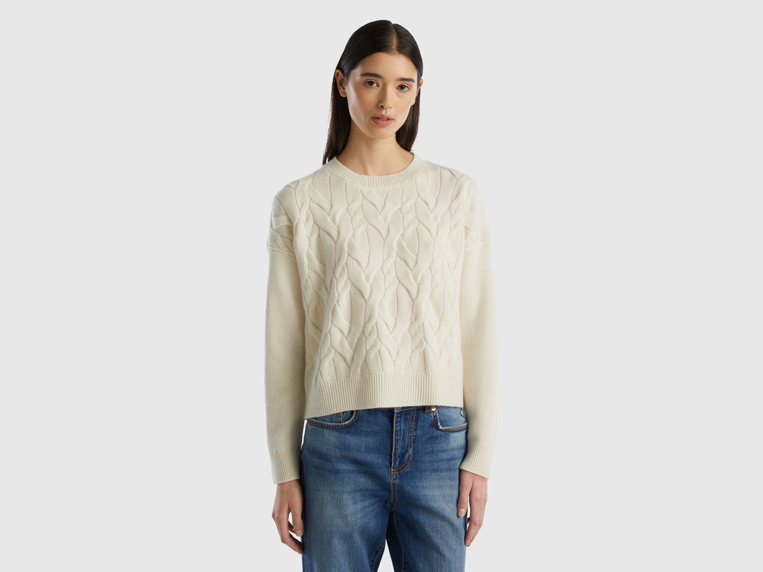 Benetton, Knit Sweater In Pure Cashmere, size L, Creamy White, Women