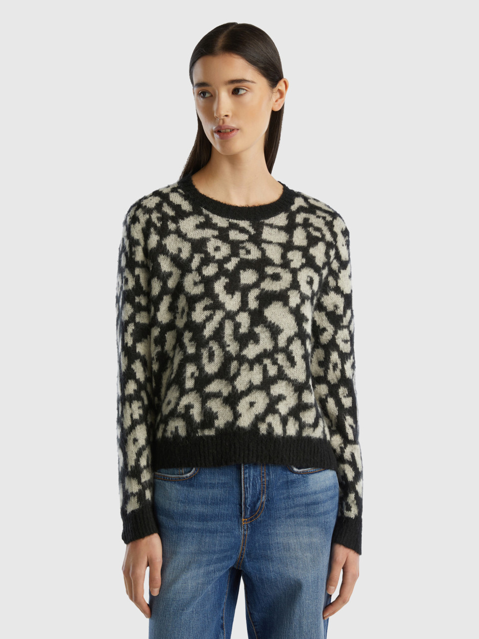Benetton, Animal Print Sweater In Mohair Blend, Multi-color, Women