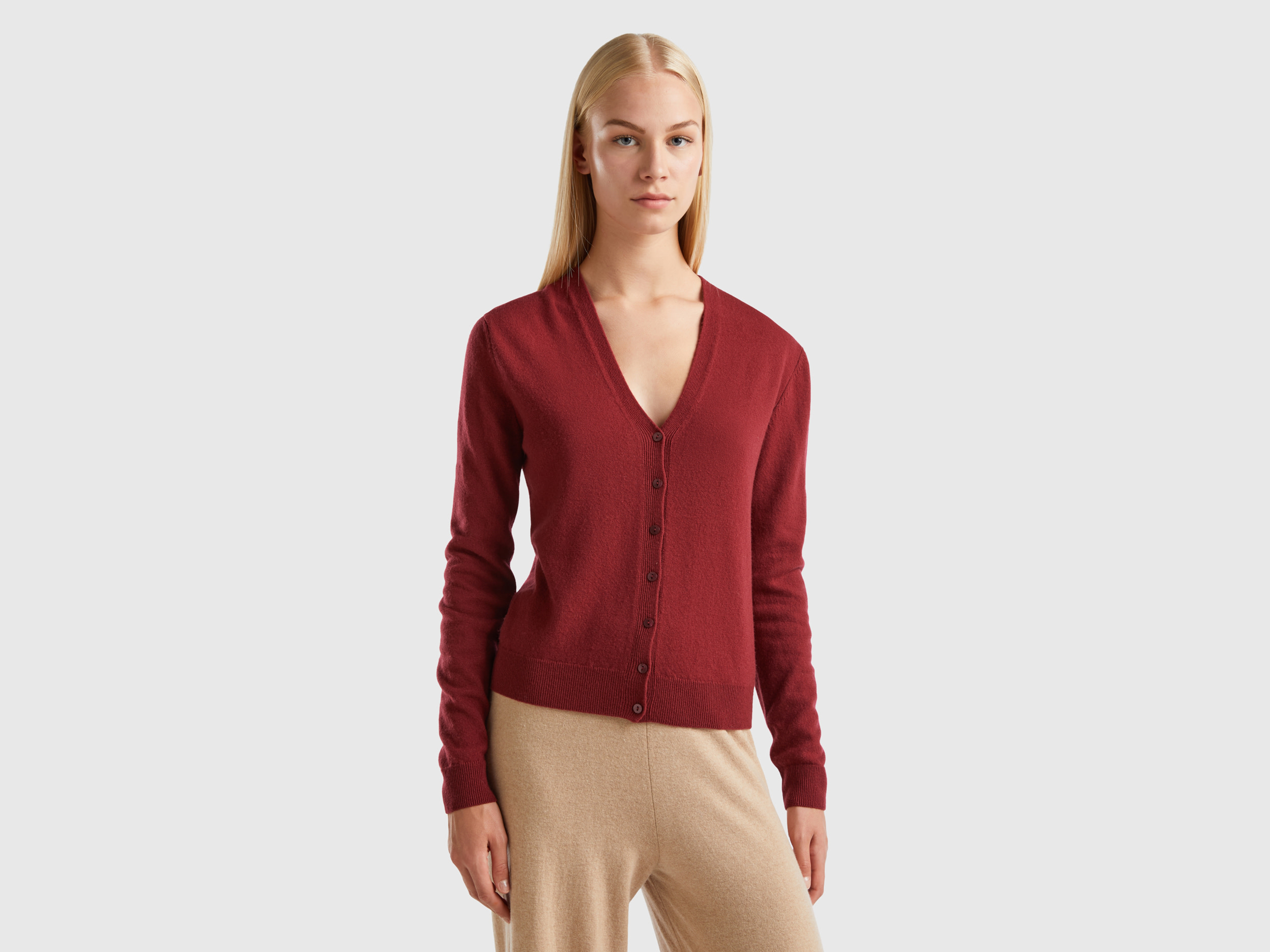 Benetton, Burgundy V-neck Cardigan In Pure Merino Wool, size M, Burgundy, Women
