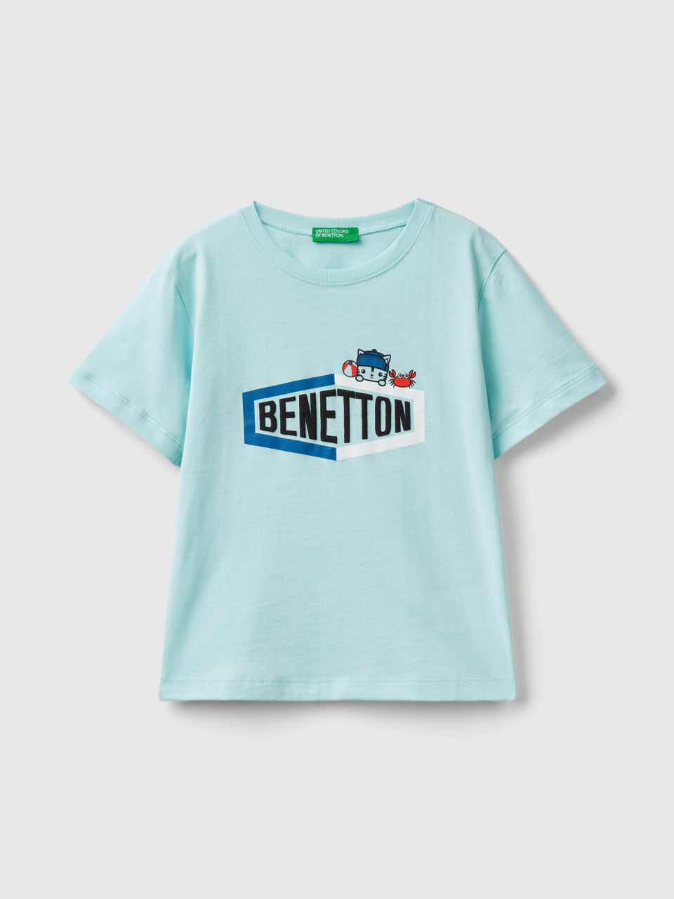 Benetton, T-shirt Aus 100% Bio-baumwolle Mit Print, Türkisblau, male
