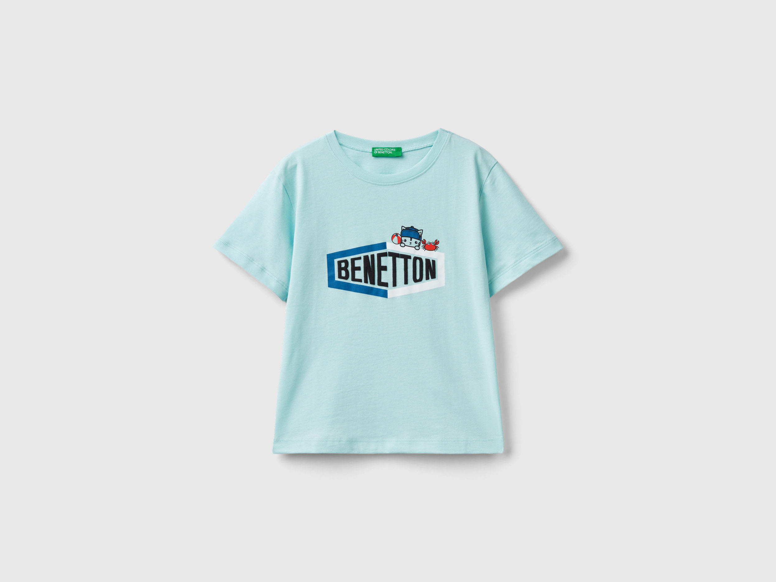 Image of Benetton, T-shirt With Print In 100% Organic Cotton, size 98, Aqua, Kids
