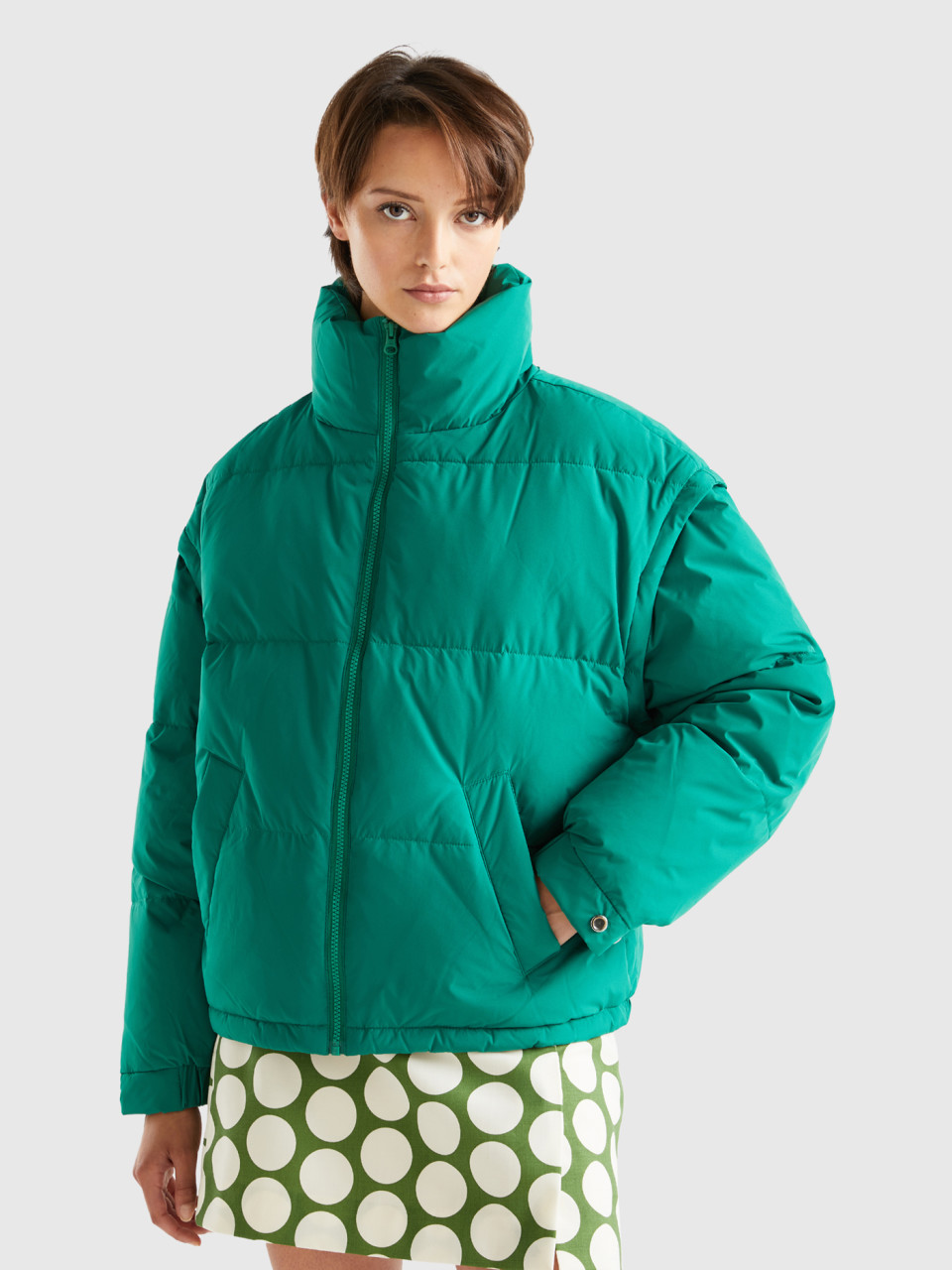 Benetton, Short Padded Jacket With Removable Sleeves, Green, Women