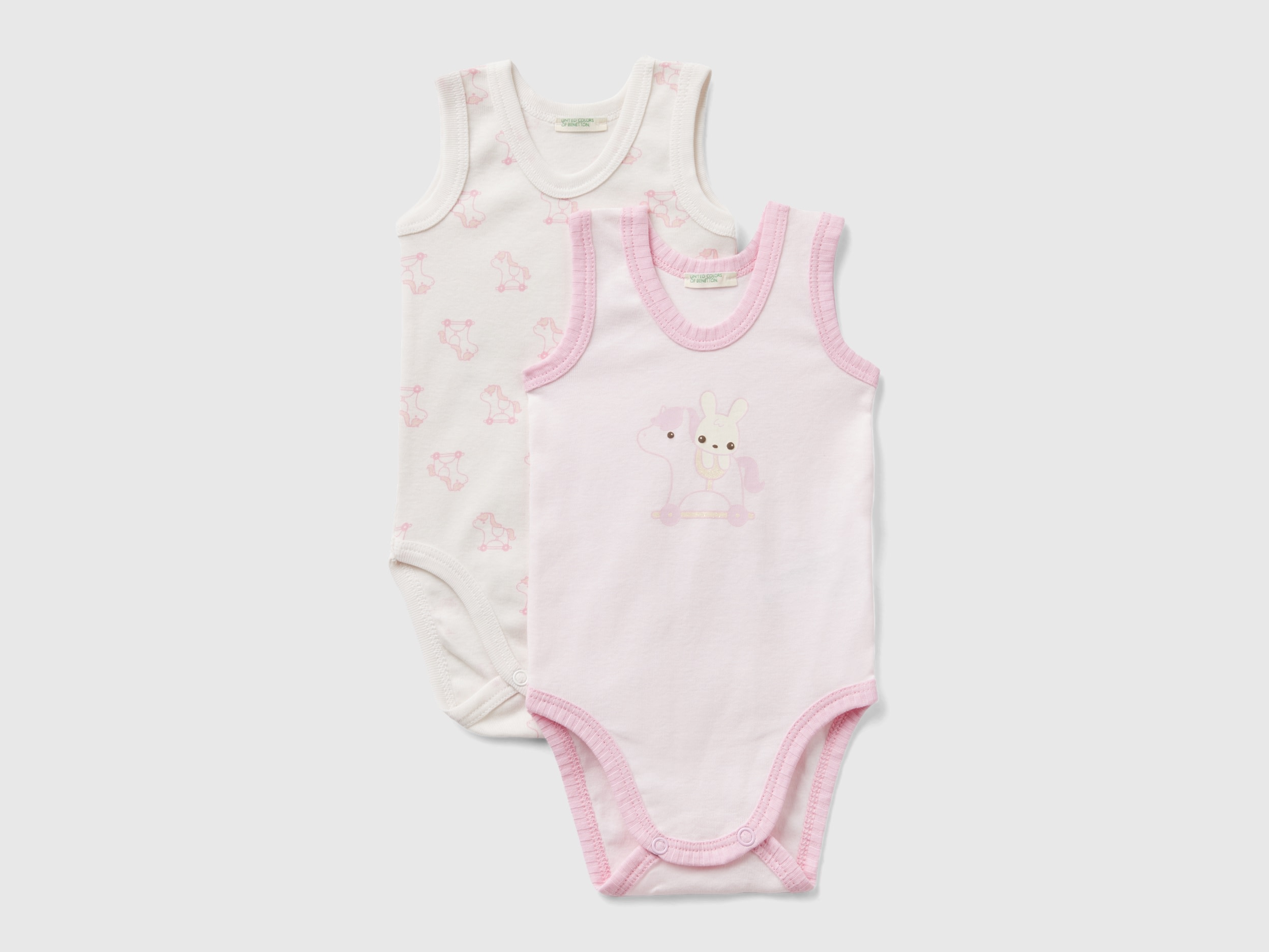 Image of Benetton, Two Tank Top Bodysuits In Organic Cotton, size 50, Pink, Kids