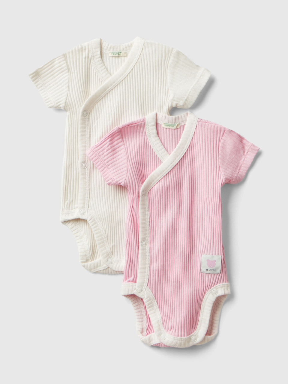 Benetton, Two Short Sleeve Ribbed Knit Bodysuits, Pink, Kids