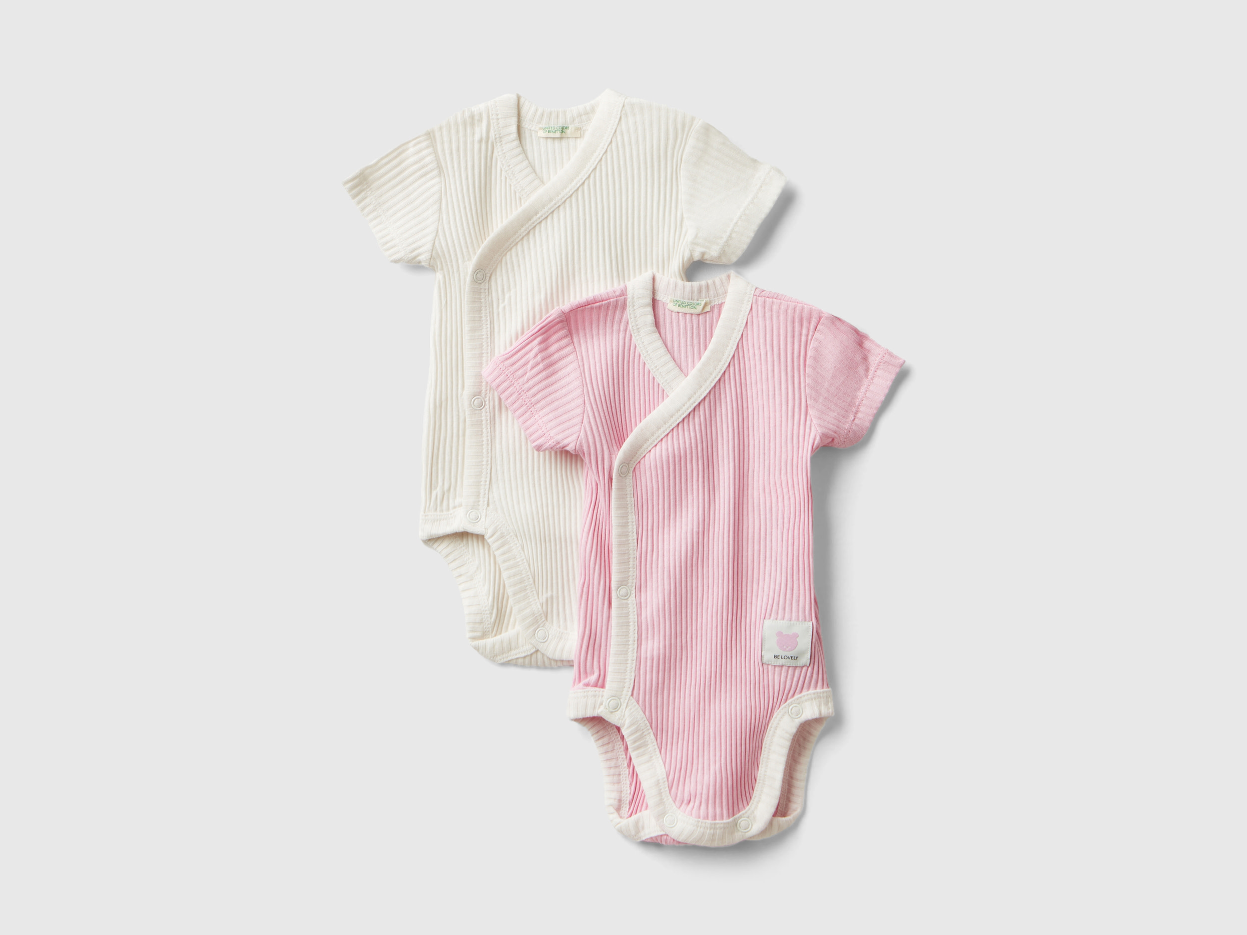 Image of Benetton, Two Short Sleeve Ribbed Knit Bodysuits, size 74, Pink, Kids