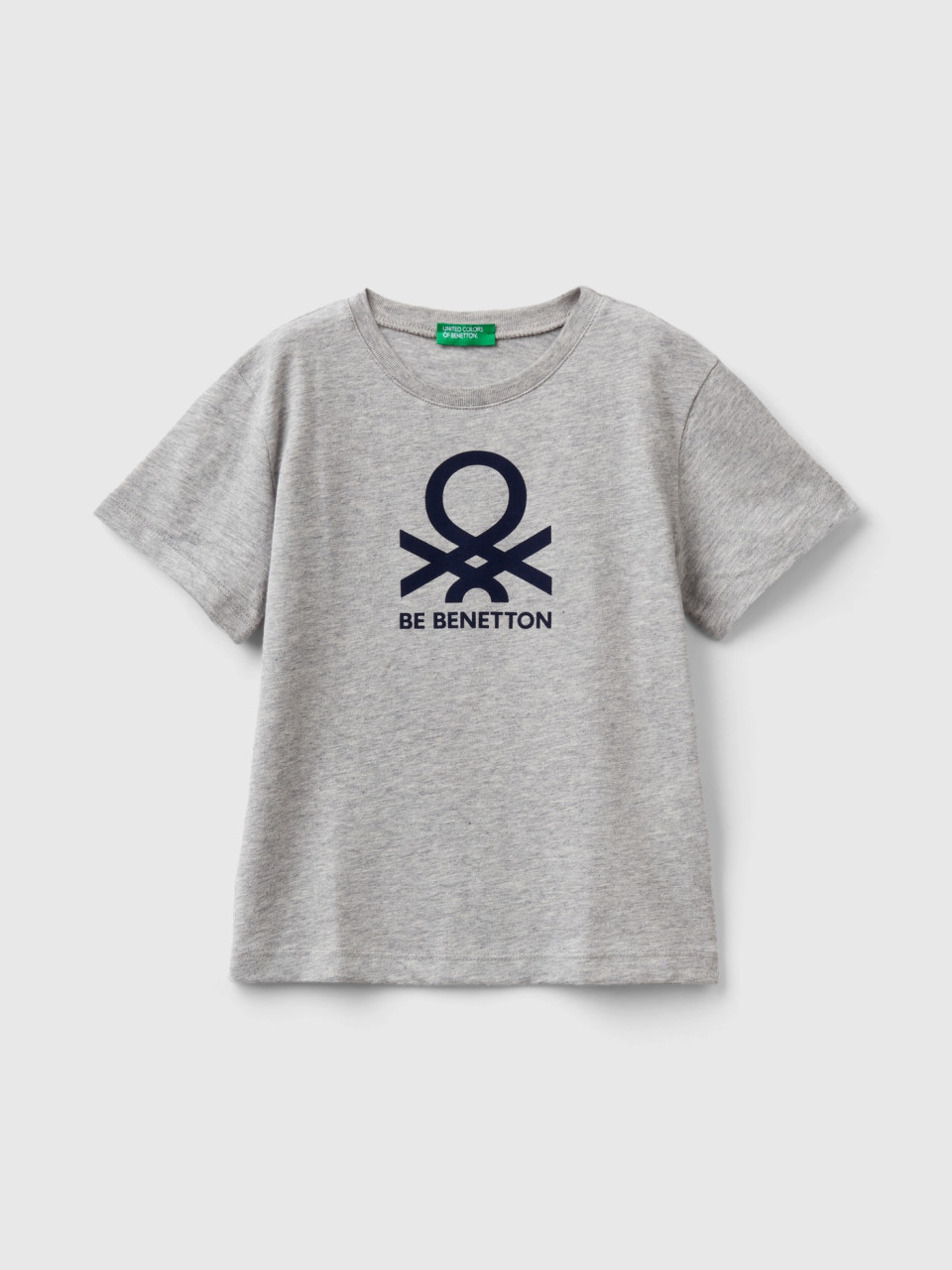 Benetton, T-shirt 100% Cotone Con Logo, Grigio Chiaro, Bambini