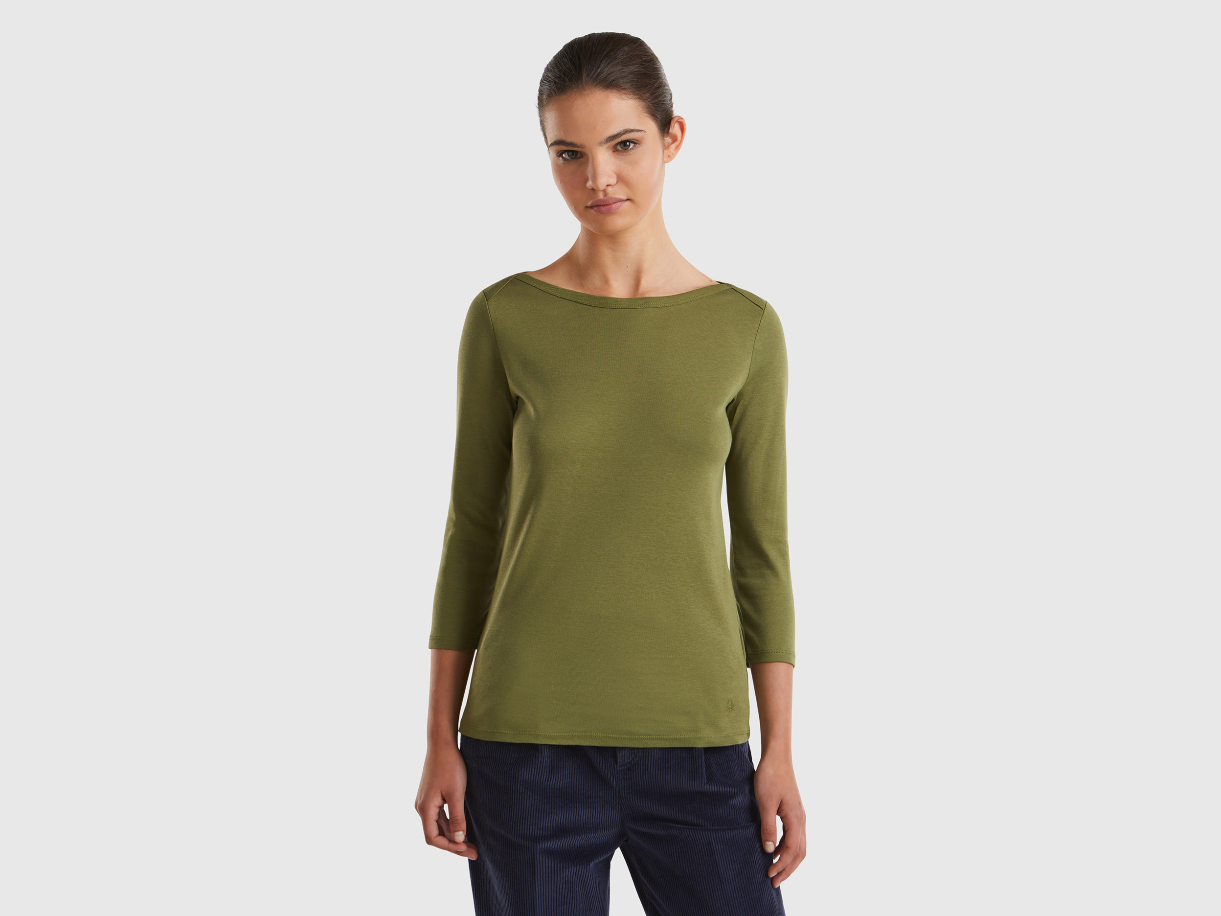 Benetton, T-shirt Con Scollo A Barchetta 100% Cotone, Verde Militare, Donna