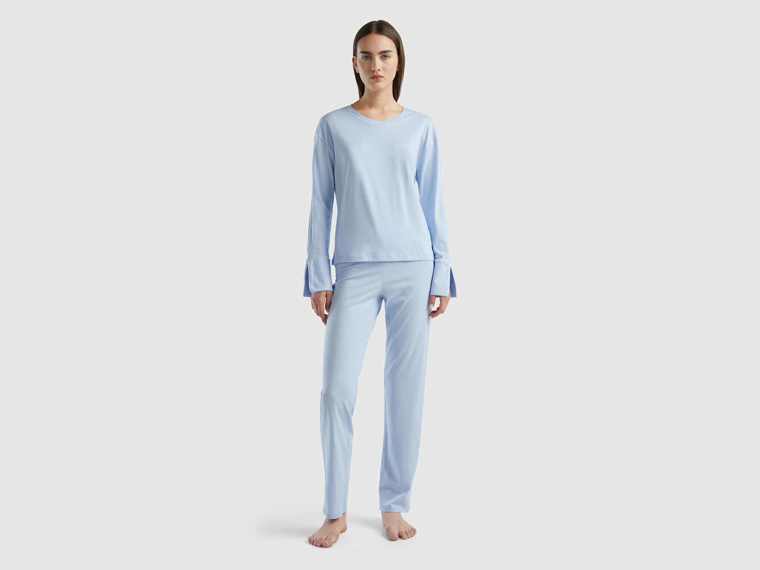 Benetton, Caldo Pigiama In Misto Viscosa, Celeste, Donna