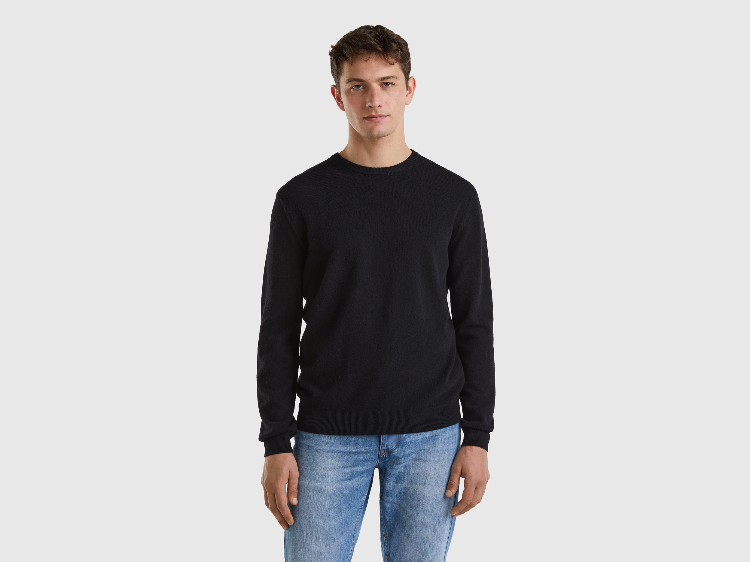 Benetton, Black Crew Neck Sweater In Pure Merino Wool, size XXL, Black, Men