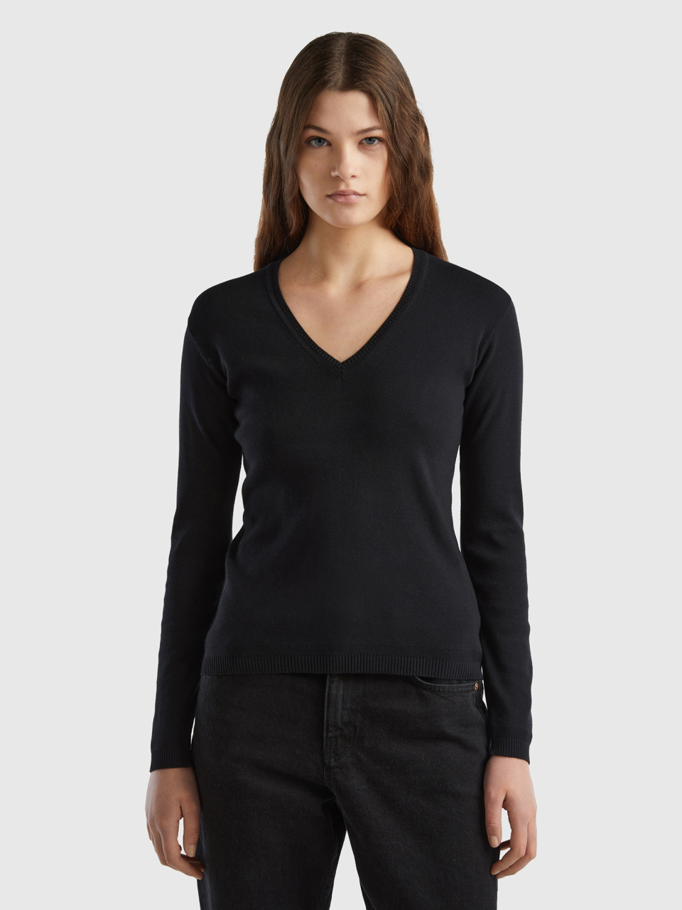 Benetton Online exclusive, V-neck Sweater In Pure Cotton, Black, Women