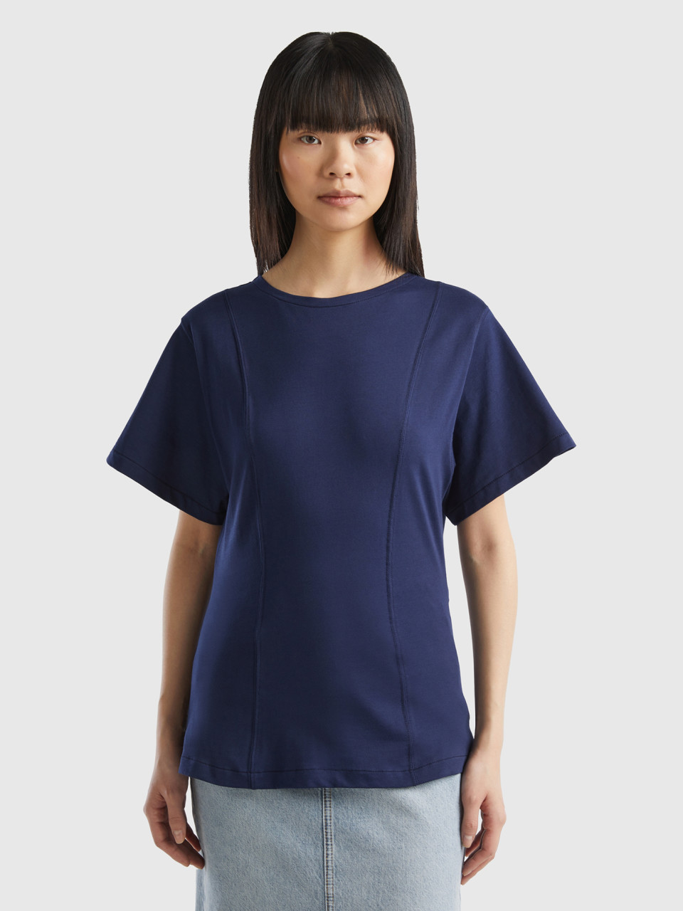 Benetton, Cálida Camiseta Entallada, Azul Oscuro, Mujer