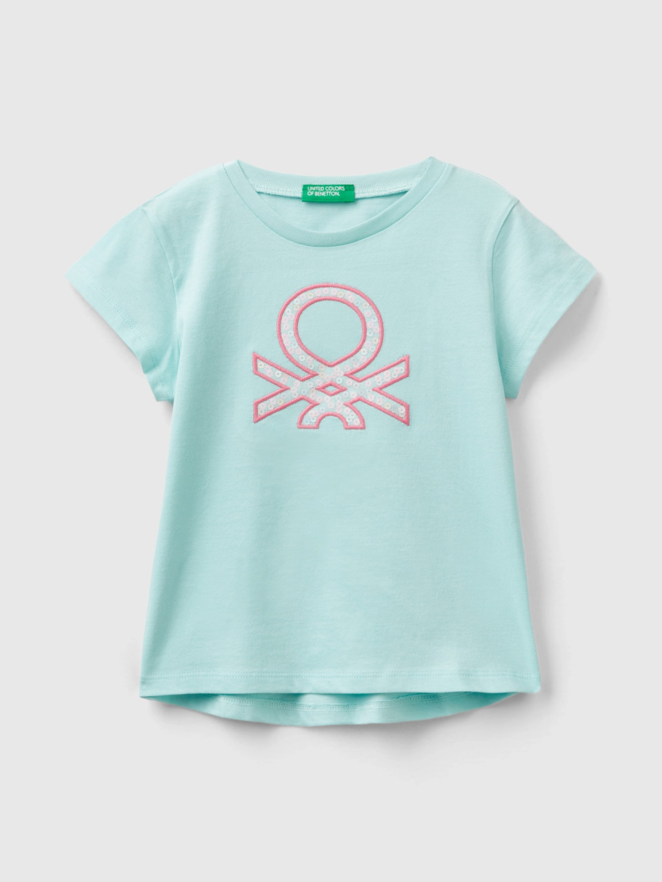 Benetton, T-shirt In Organic Cotton With Embroidered Logo, Aqua, Kids