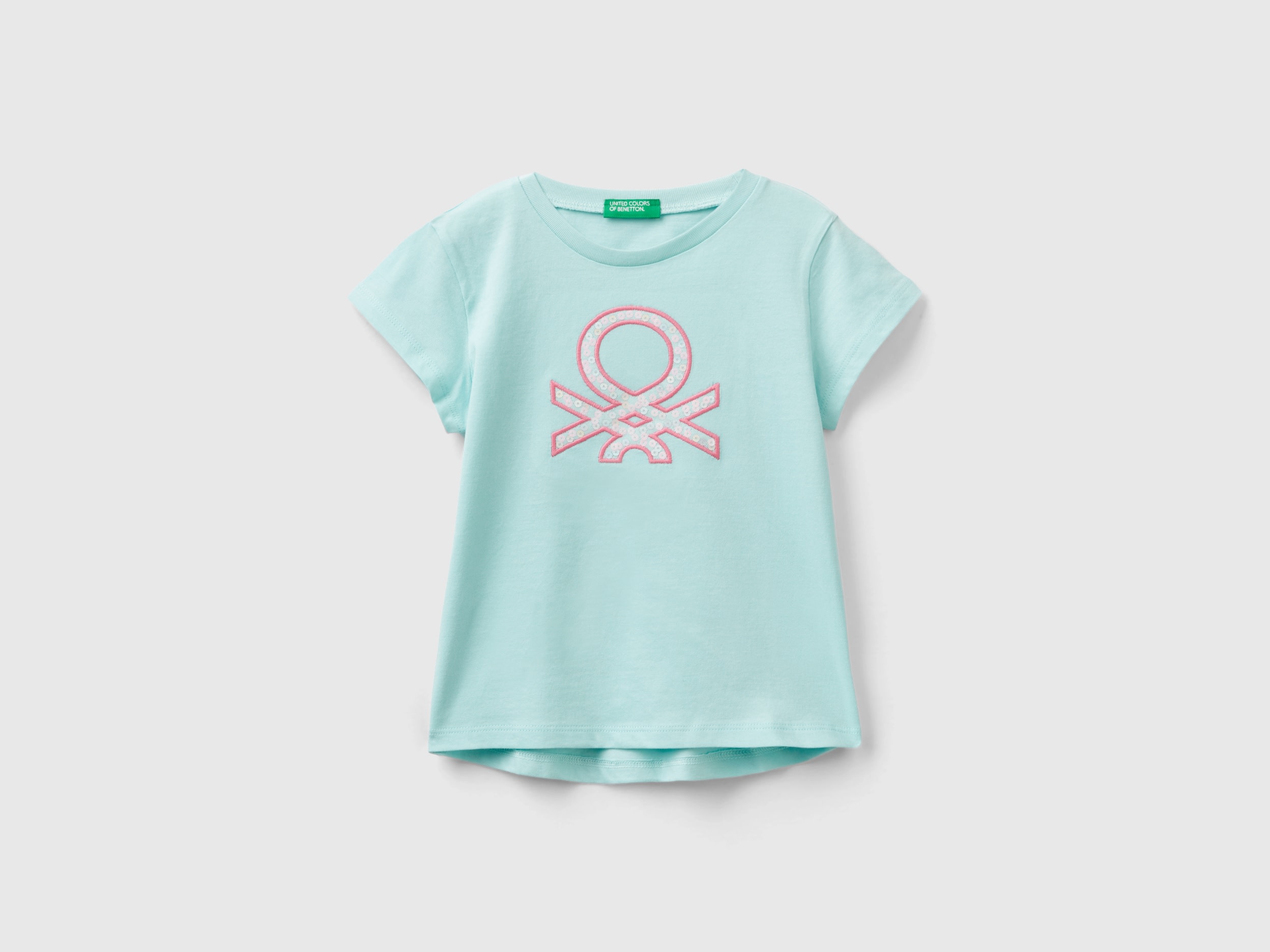 Image of Benetton, T-shirt In Organic Cotton With Embroidered Logo, size 104, Aqua, Kids