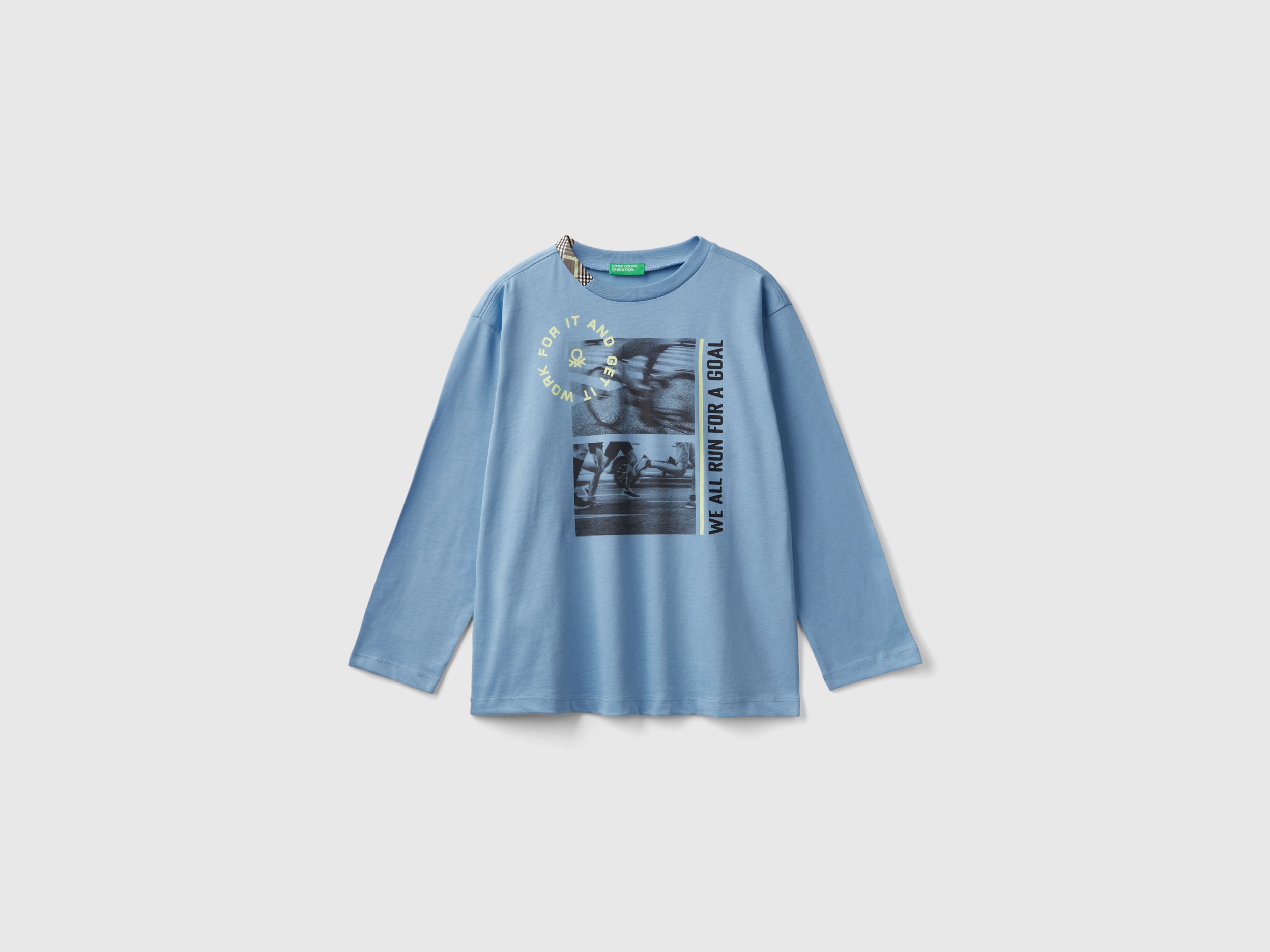 Benetton, T-shirt Con Stampa Fotografica In Cotone Bio, Azzurro, Bambini