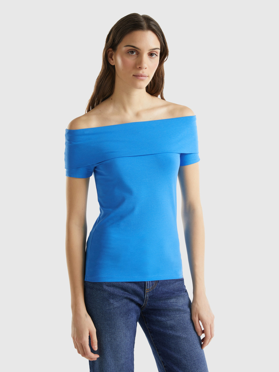 Benetton, Eng Anliegendes T-shirt Mit Freien Schultern, Blau, female