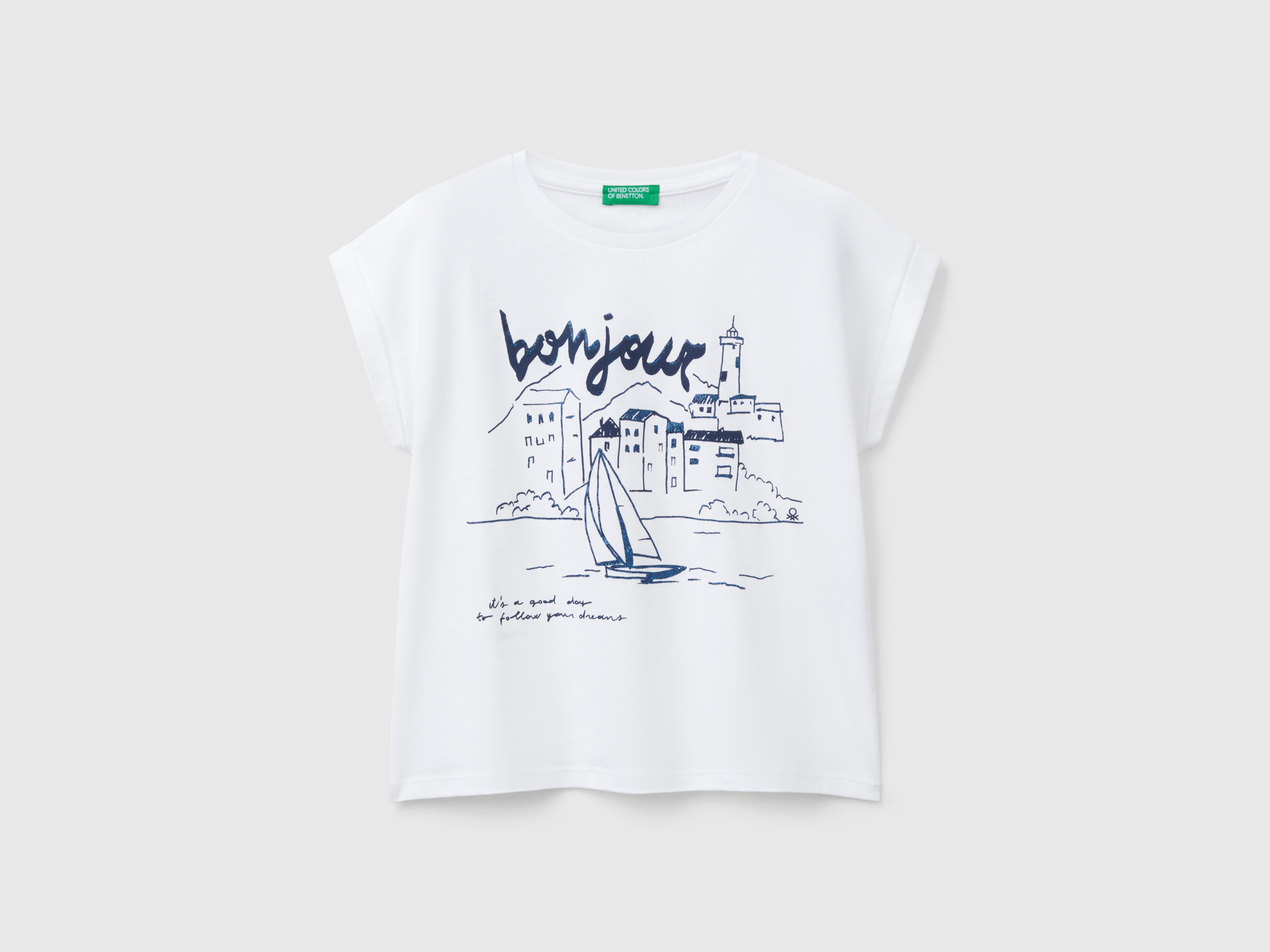 Benetton, Kastenförmiges T-shirt Mit Aufdruck Und Glitzer, size S, Weiss, female
