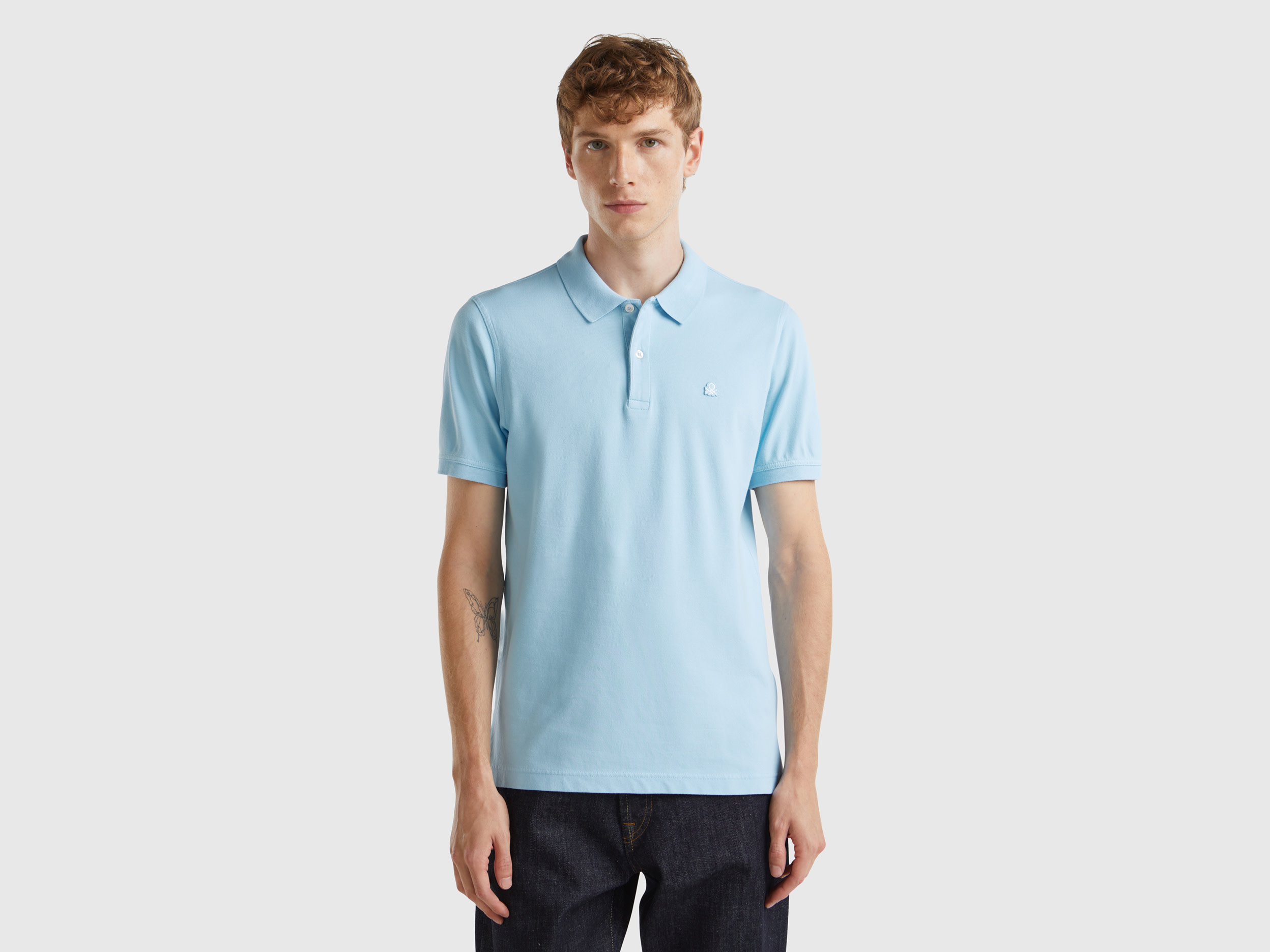 Benetton, Polo Slim Fit Carta Da Zucchero, Azzurro, Uomo