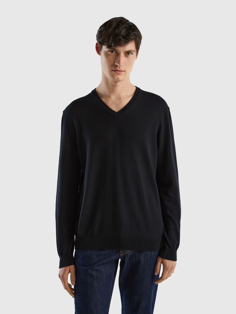Benetton, V-neck Sweater In Pure Cotton, Black, Men