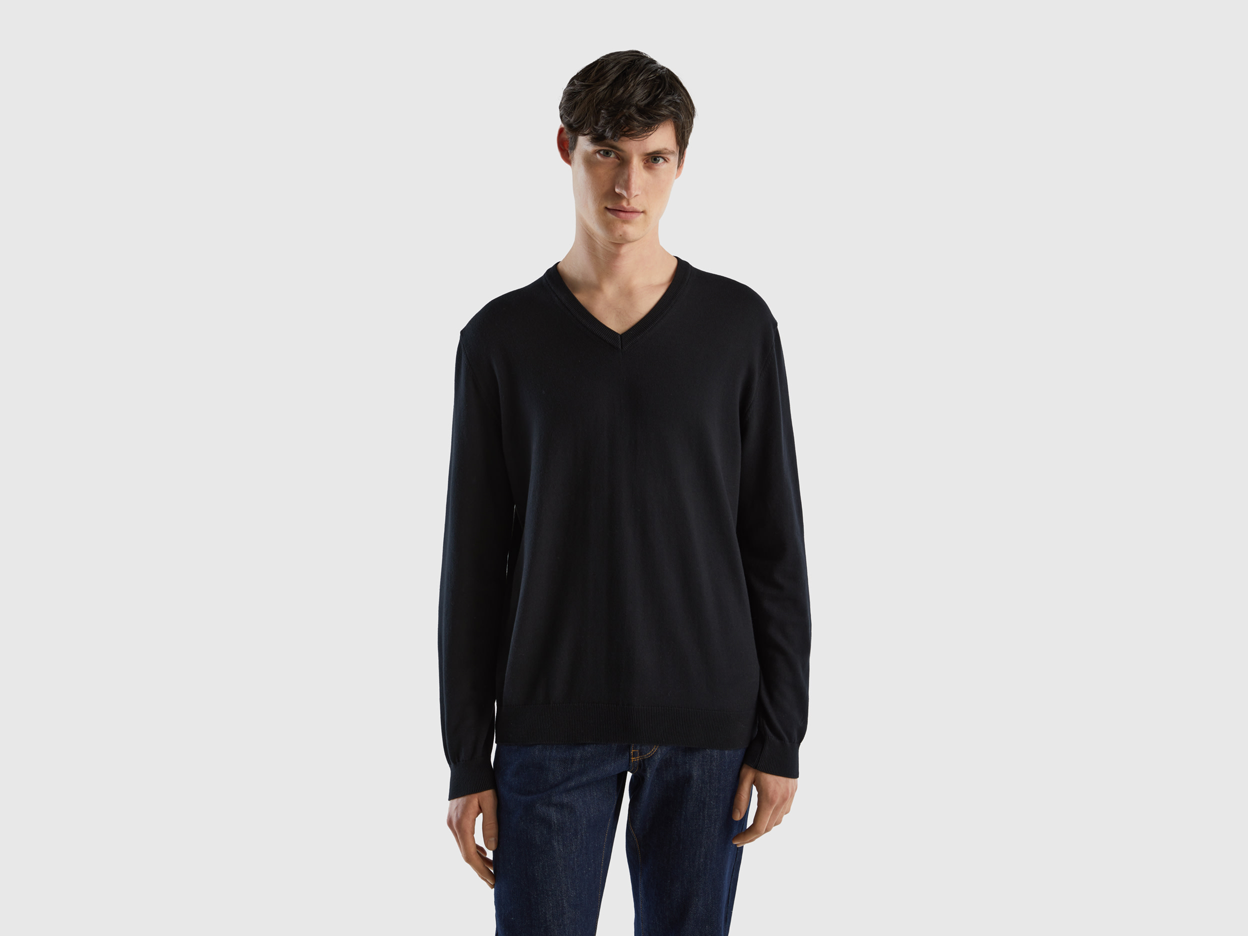 Benetton, V-neck Sweater In Pure Cotton, size XL, Black, Men