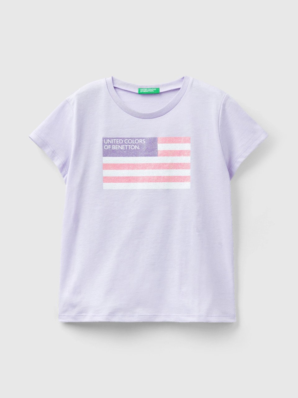 Benetton, T-shirt With Glittery Logo In Organic Cotton, Lilac, Kids