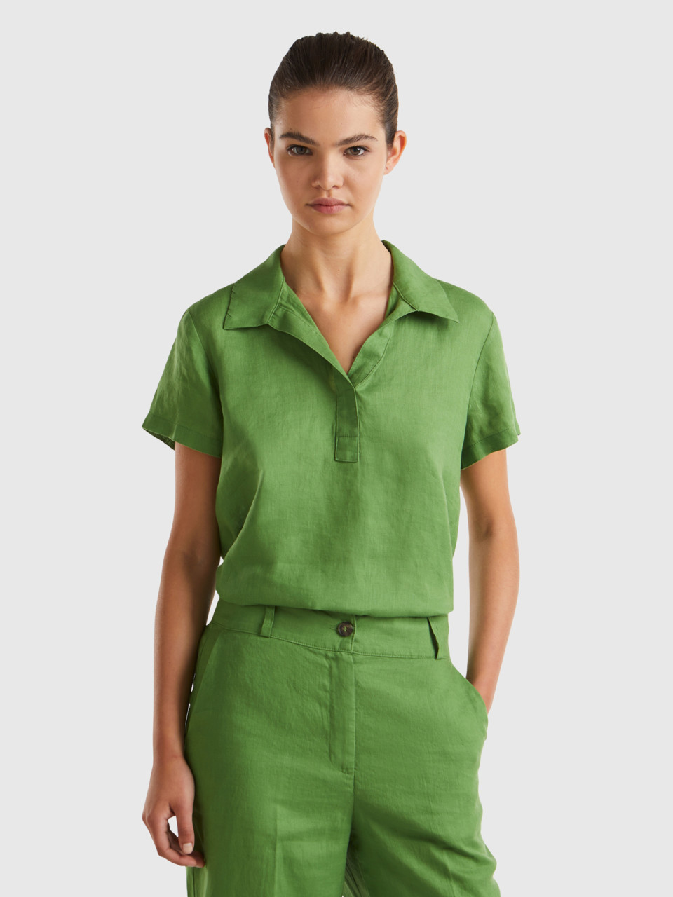 Benetton, Polo Blouse In Pure Linen, Military Green, Women