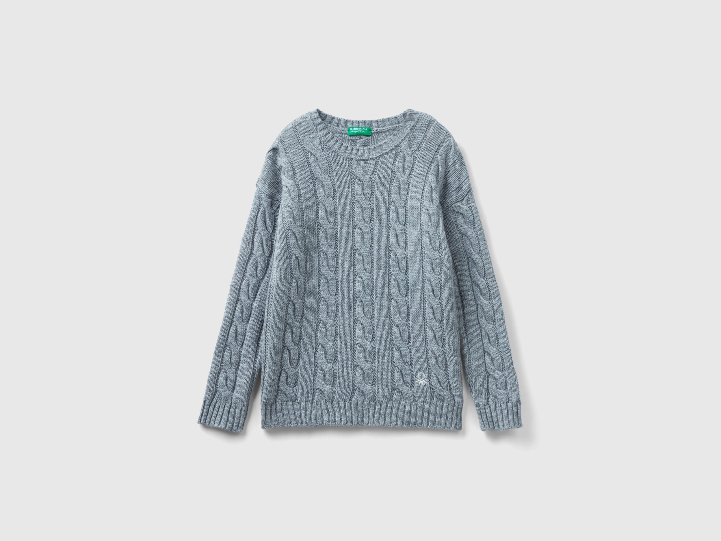Benetton, Cable Knit Sweater In Wool Blend, size M, Gray, Kids