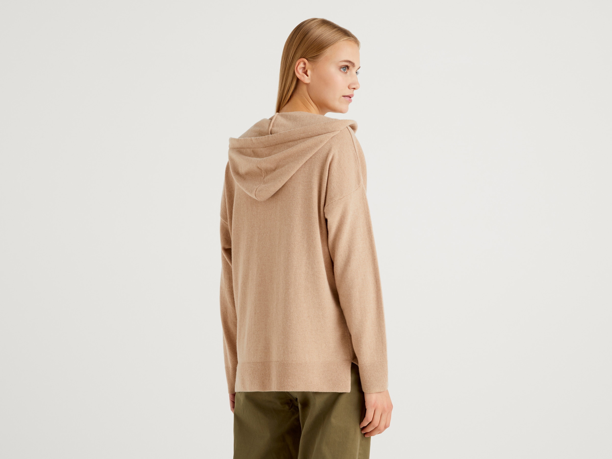 Benetton, Camel Sweater In Cashmere Blend With Hood, Taglia L, Camel, Women