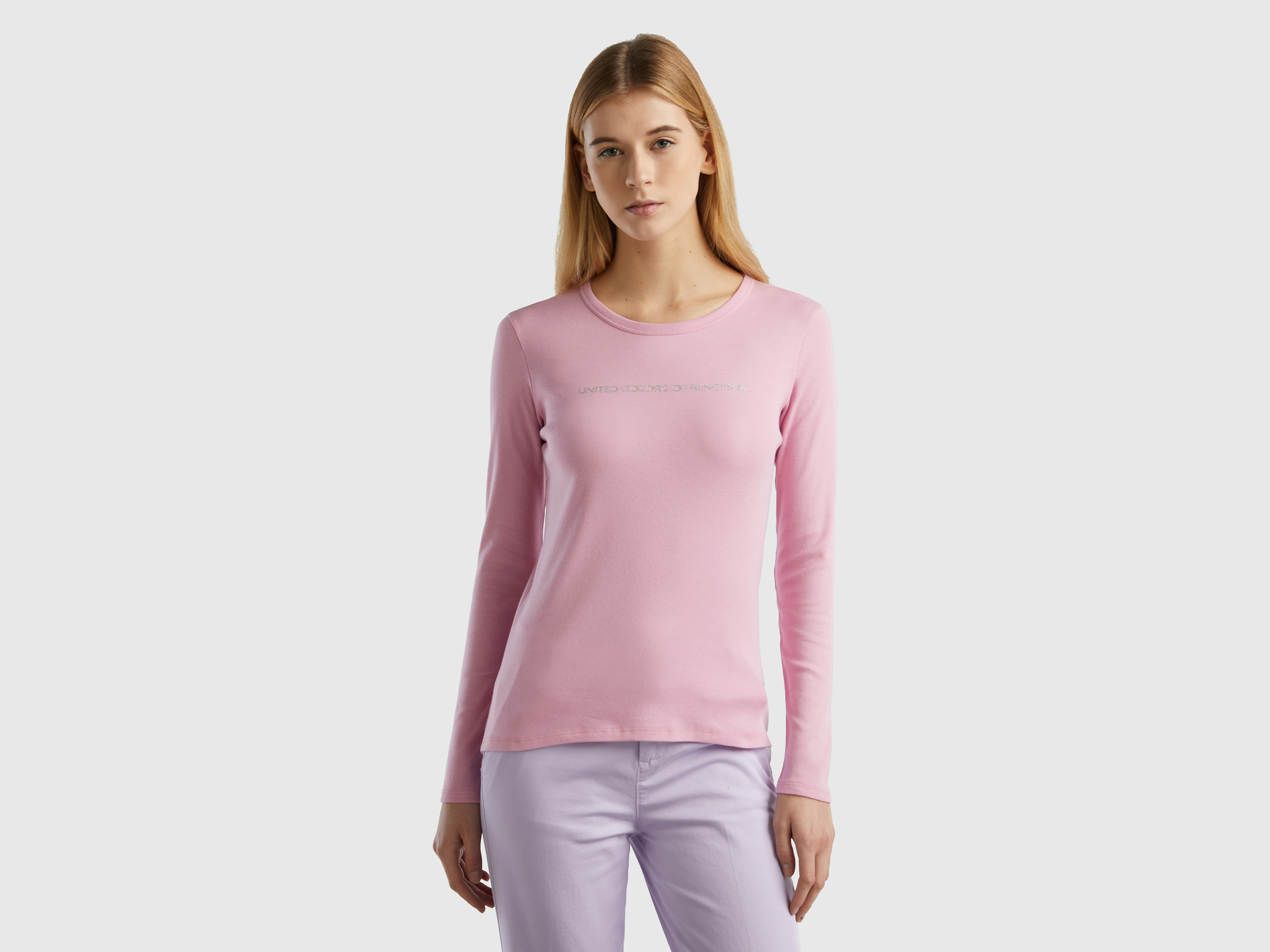 Benetton, Pastel Pink 100% Cotton Long Sleeve T-shirt, size XL, Pastel Pink, Women