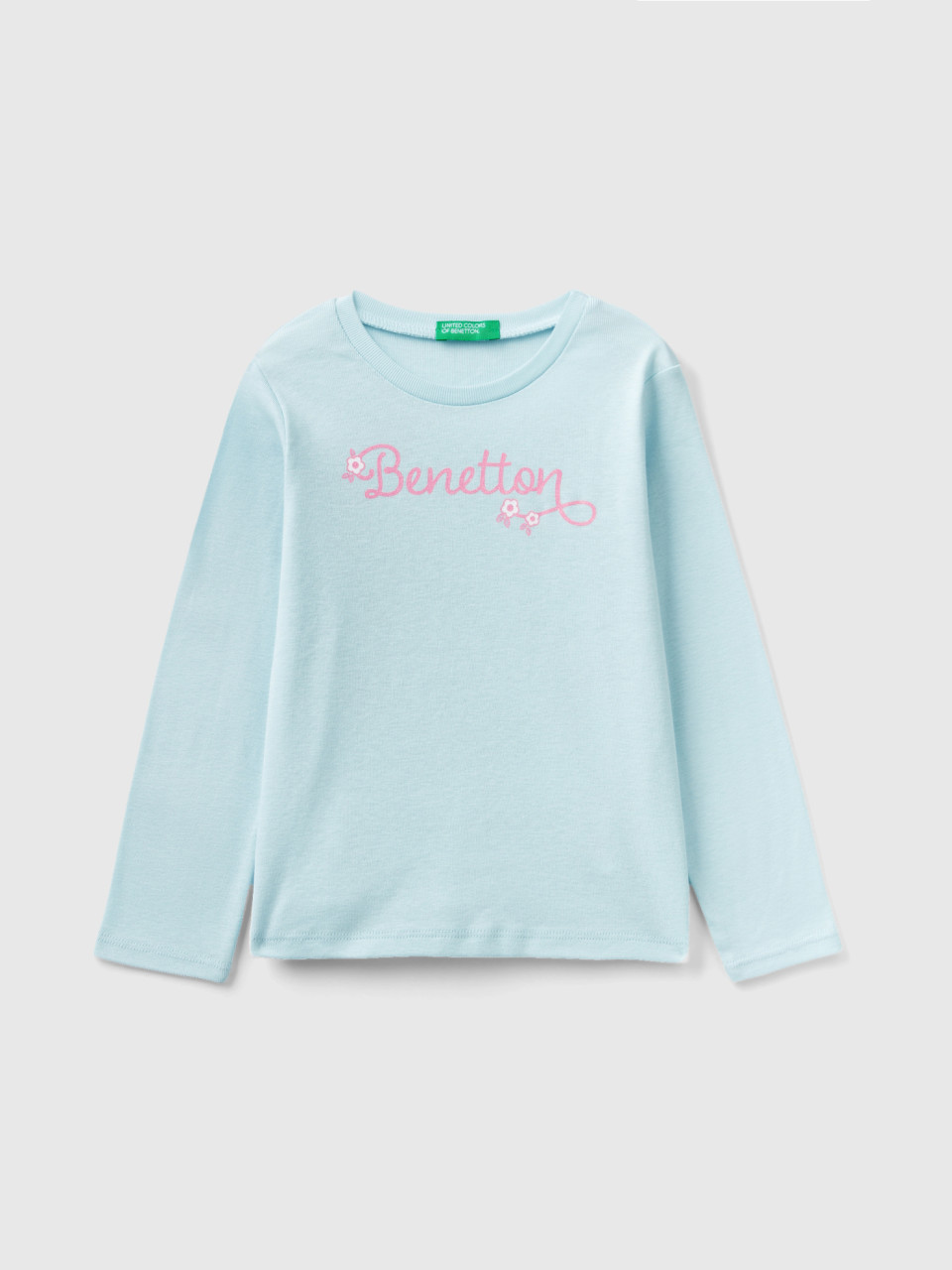 Benetton, Long Sleeve T-shirt With Glittery Print, Aqua, Kids